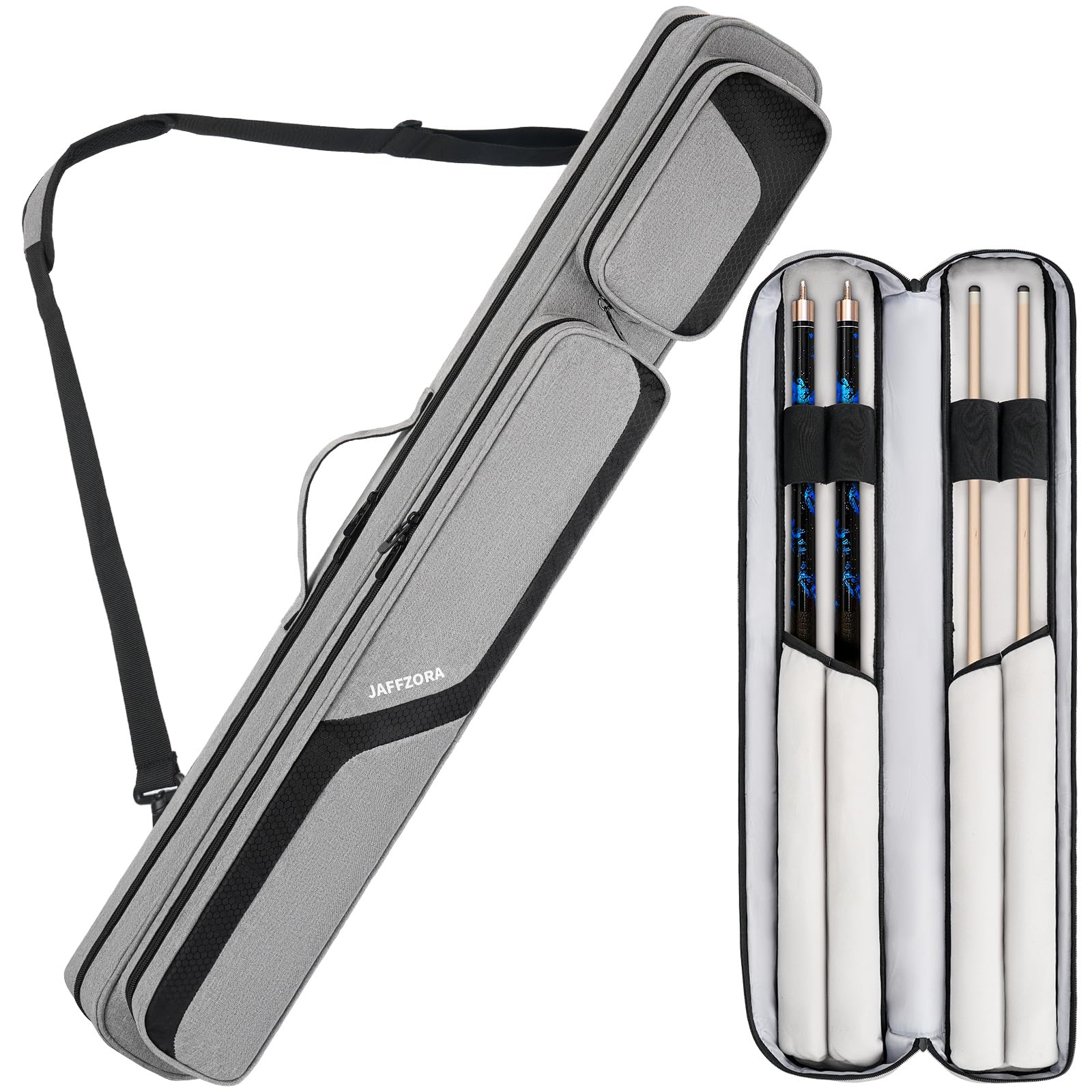 Pool Cue Case 4x5, Pool Stick Carrying Case Holds 4 Butts and 5 Shafts, Billiard Cue Bag with 14Pockets and Shoulder Straps Grey Small