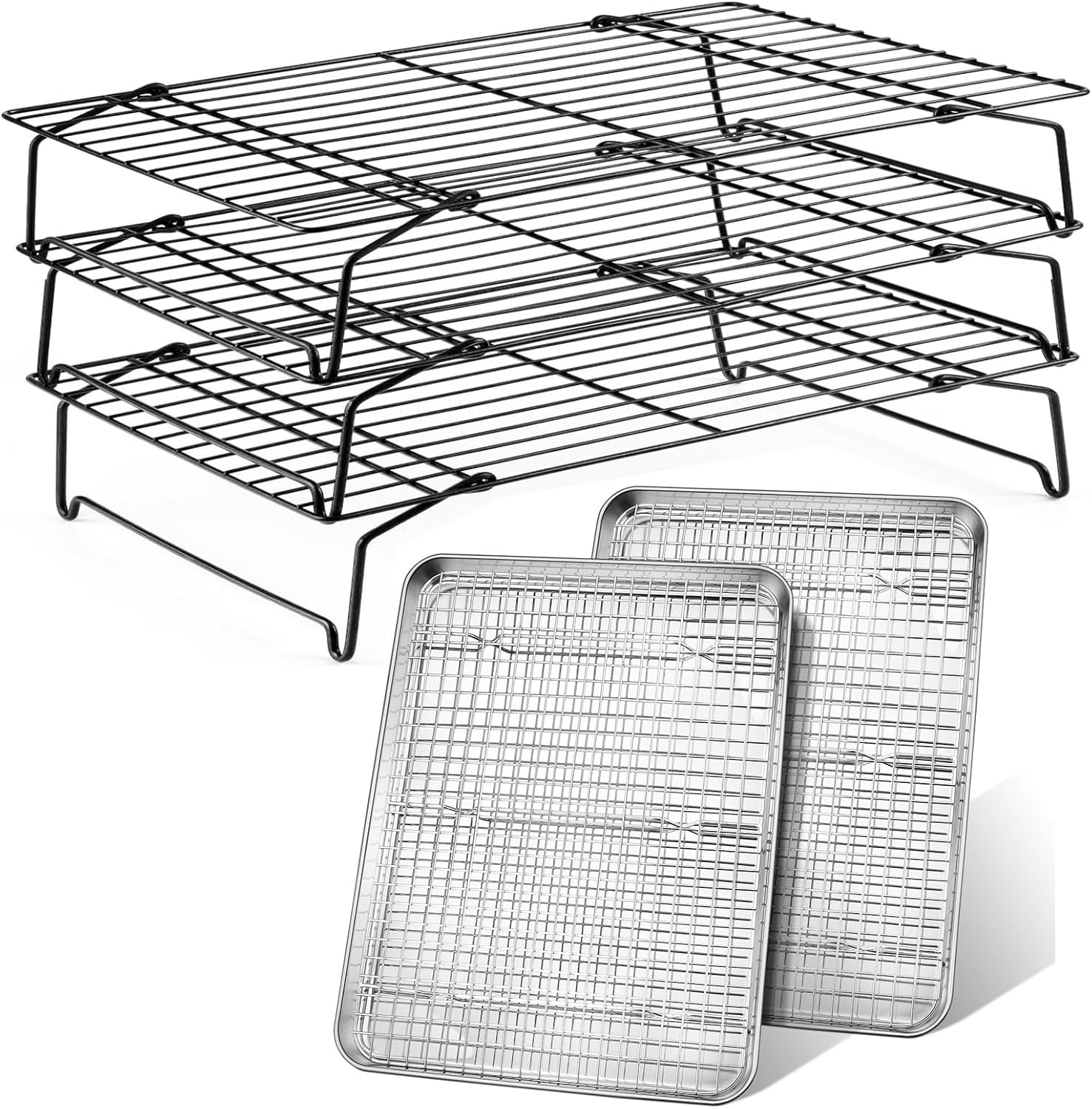 Leonyo 3-Tier Cooling Rack, Baking Sheet with Wire Rack, Stainless Steel Cooling Racks for Cooking and Baking, Stackable Wire Rack with Folding Legs