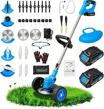 ALSO GO 24V Cordless Weed Wacker Lawn Edger, Electric Lightweight Battery Powered String Trimmer, 3-in-1 Brush Cutter Wire Brush & Guide Wheel for Garden Edging 2 Batteries, 2.0Ah, Blue