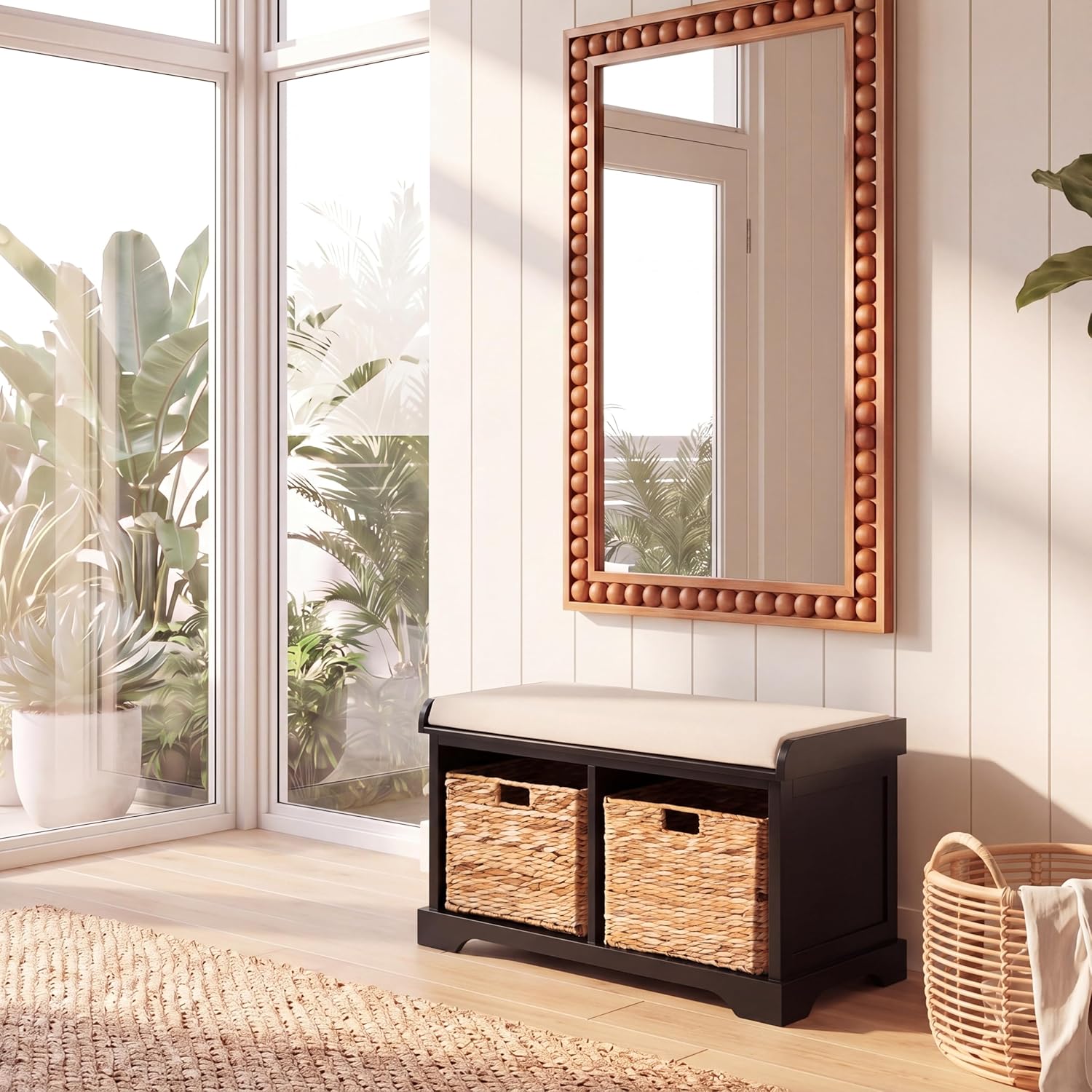 SAFAVIEH Furniture - Freddy 2-Basket Storage Bench - Black - Solid Wood - Coastal Basket Storage Design - Ideal for Entryway, Living Room, Hallway, 18" Seat Height - Fully Assembled (AMH5736B)