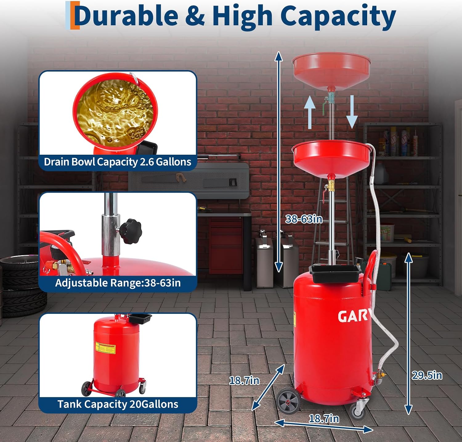 Garvee 20 gal Waste Oil Drain Tank with Adjustable Funnel, Portable Air-Operated Drainer for Waste Oil, Fluid Transfer, Heavy-Duty, Rust-Proof, w/Wheels & Toolbox