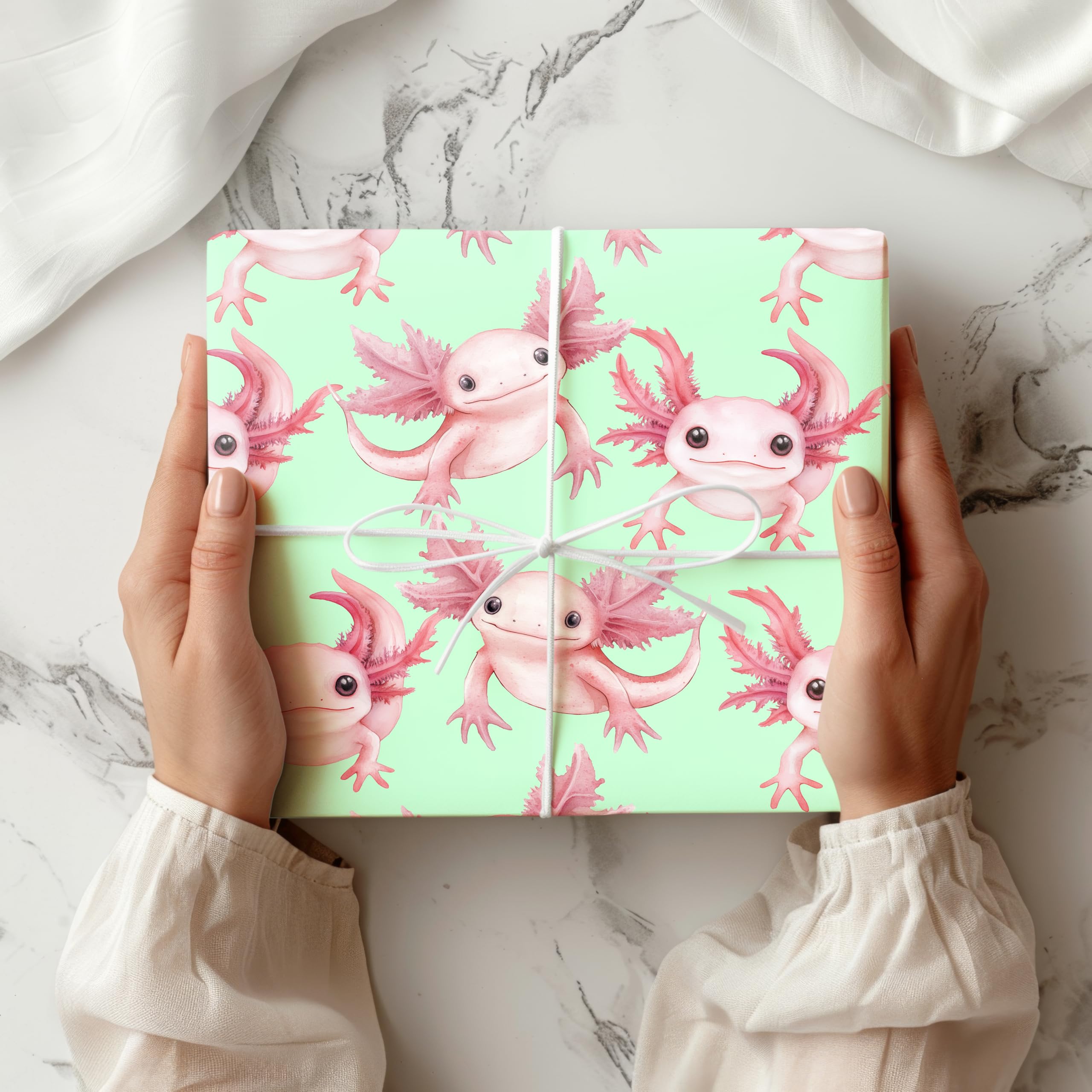 Axolotl Wrapping Paper Sheet – Cute Amphibian Gift Wrap for Birthdays, Kids Presents, or Quirky Animal Lovers – W82 (Mint, Large Sheet - 58 x 85cm / 22.8" x 33.4" inches)