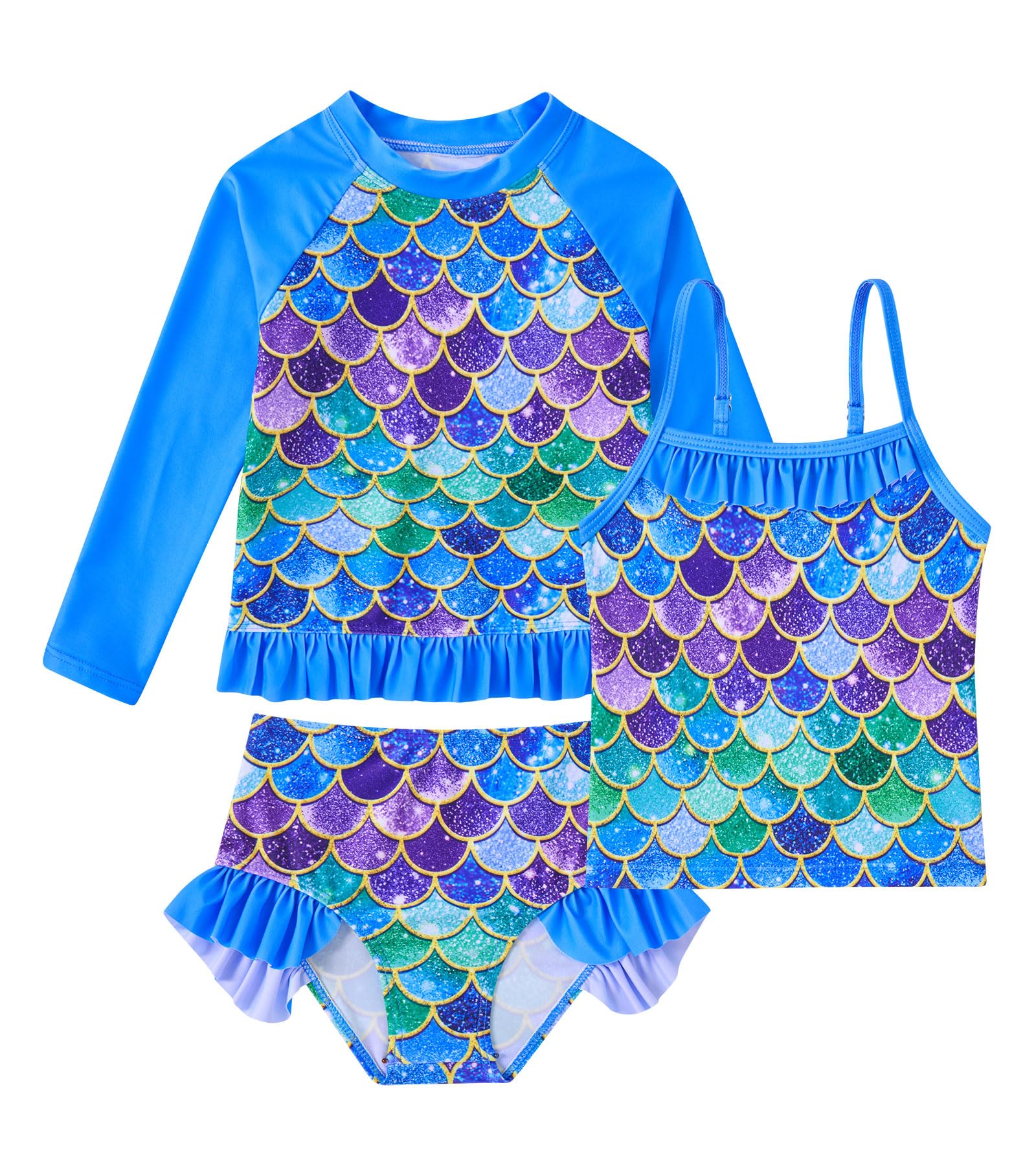 BFUSTYLE Girls Swimsuit 3 Pieces Rash Guard Kids Bathing Suit 3-8 Years | Funny Sun Protection Quick Dry Summer Beach Long Sleeves Swimwear Tankini Set
