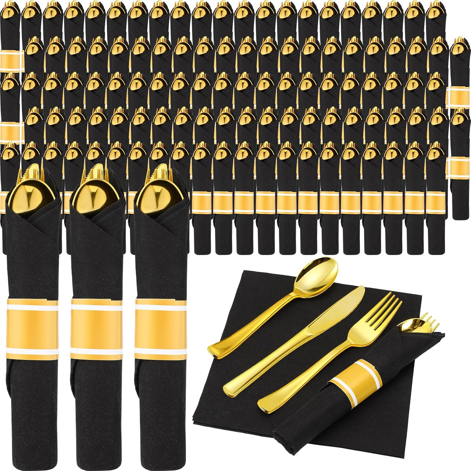 Zubebe 100 Pack Pre Rolled Silverware Set Disposable Wrapped Plastic Cutlery Set with Napkin Disposable Utensils Includes Forks Knives Spoons Napkins Wrapped for Party Dinners Wedding(Gold, Black)