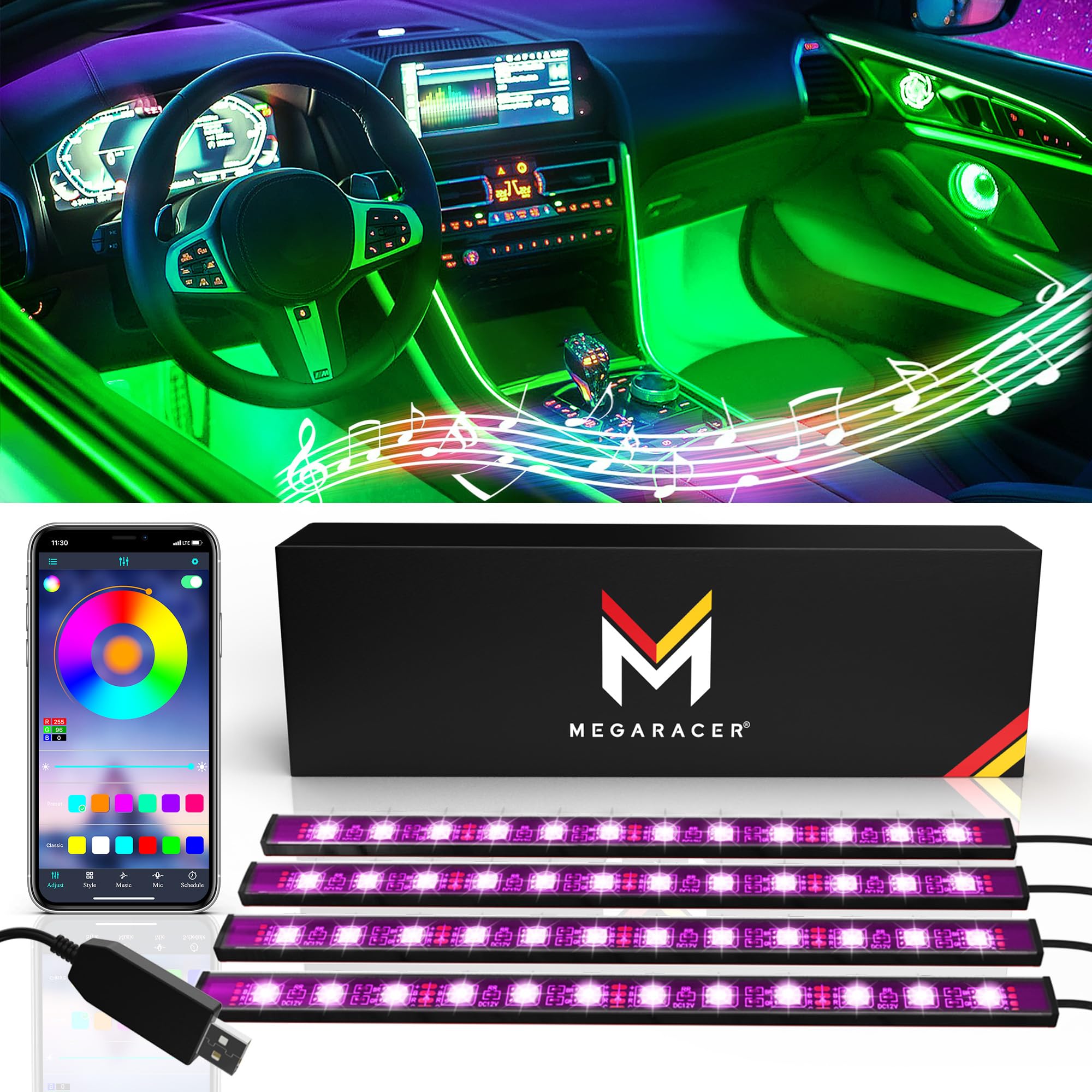 Mega Racer LED Lights for Car Interior - 48 LED RGB Chips Over 16 Million Customizable Colors, Music Sync and 27 Style Effects Waterproof, App Controlled iPhone Android Compatible, USB DC 12V
