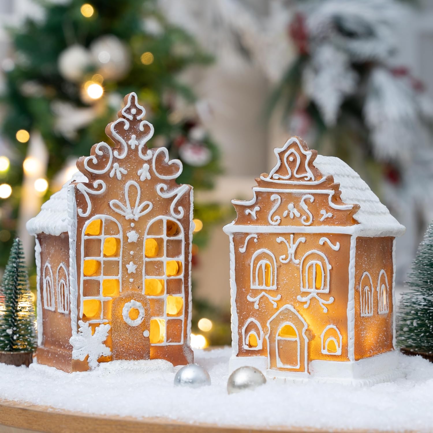 2Pc Christmas Gingerbread Village House Gingerbread Figurines Table Decorations Resin Xmas Gingerbread House Christmas Pre Lit LED Village Figurines Home Decor.