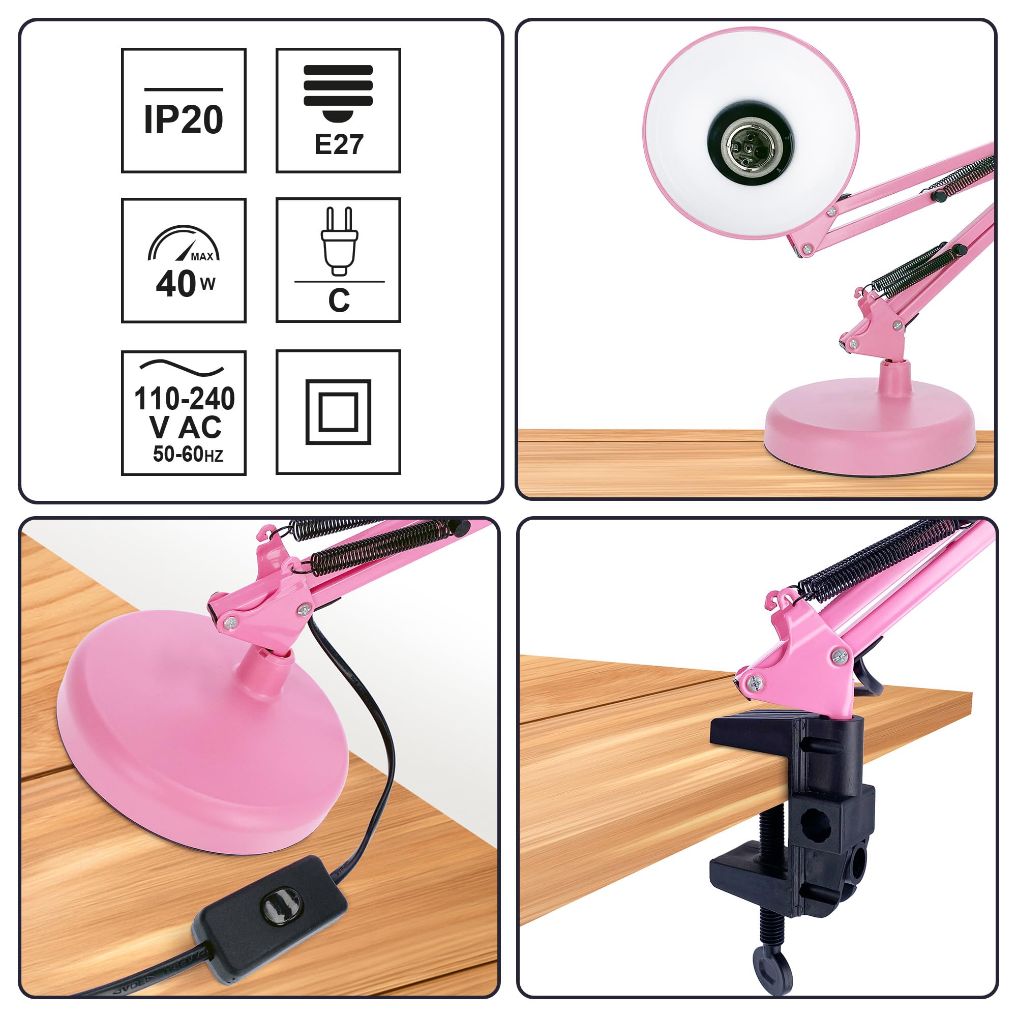 EDO Retrò Lampada da Tavolo con Pinza, Lampada da Scrivania Vintage a E27 Rosa PIXI, Illuminazione da Comodino Luce Orientabile con Braccio Oscillante di 50 cm, per Unghie, Casa o Ufficio, Lettura