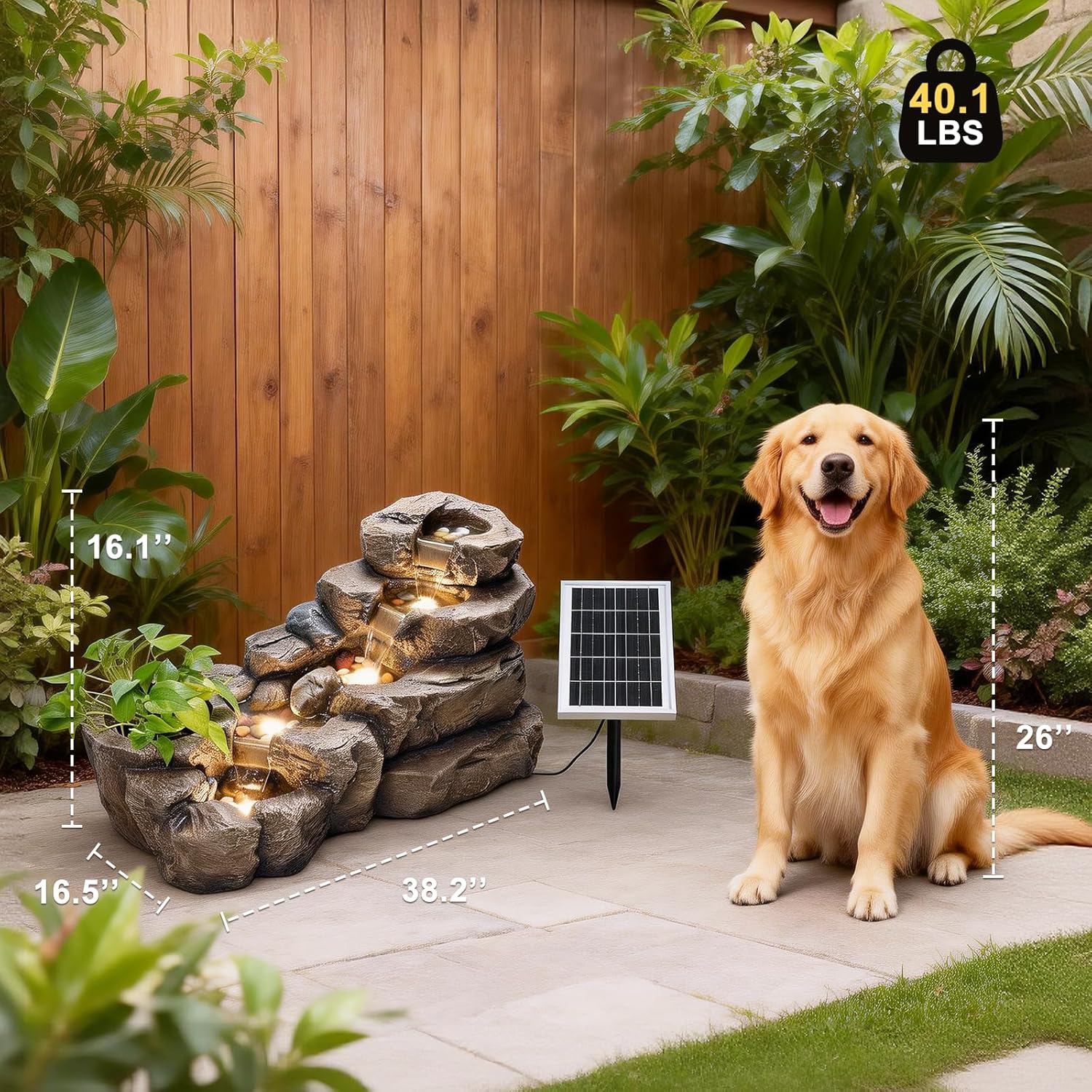 38.2" L Solar Water Fountain Outdoor Garden 5 Tiers Floor Standing Rock Natural Waterfall Outdoor Fountains with LED Lights and Planting Pot for Patio, Porch,Backyard,Home Art Decor