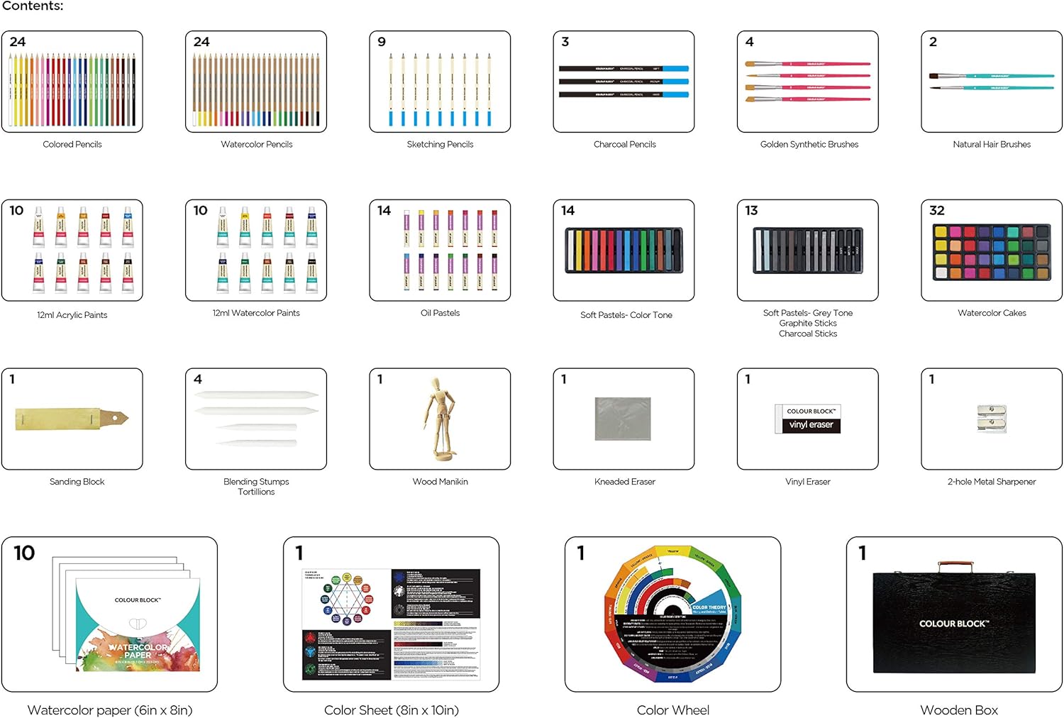 COLOUR BLOCK 181 pc Mixed Media Art Set in Wooden Case - Soft & Oil Pastels, Acrylic & Water Color Paints, Sketching, Charcoal & Colored Pencils and Tools - Professional Art Set for All Artists