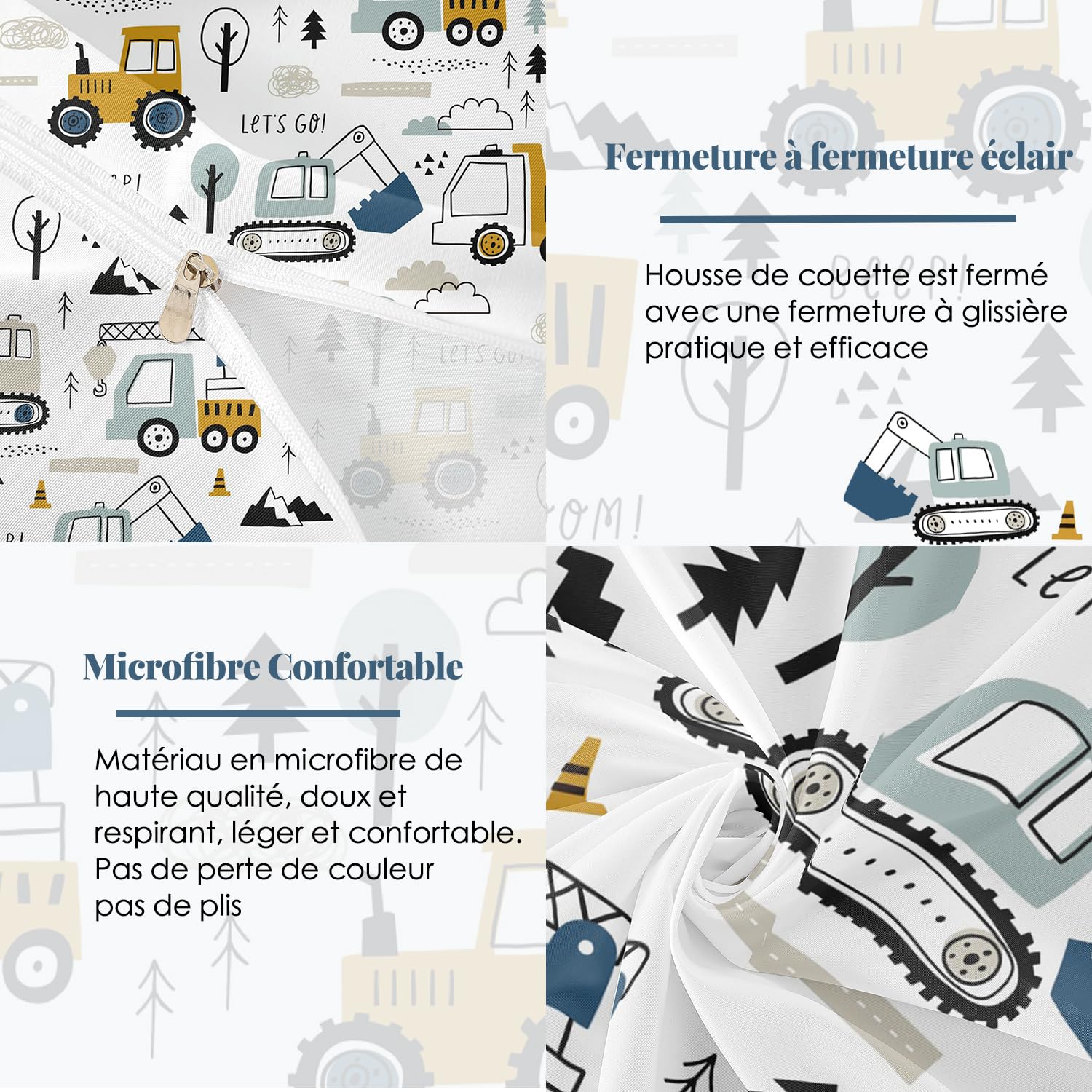 Ensemble de Literie de Voiture de Dessin Animé Ensemble de literie de Construction Housse de Couette 140x200cm Ensemble Enfants Garçon équipement camion Literie Excavatrice Tracteur Blanc Jaune