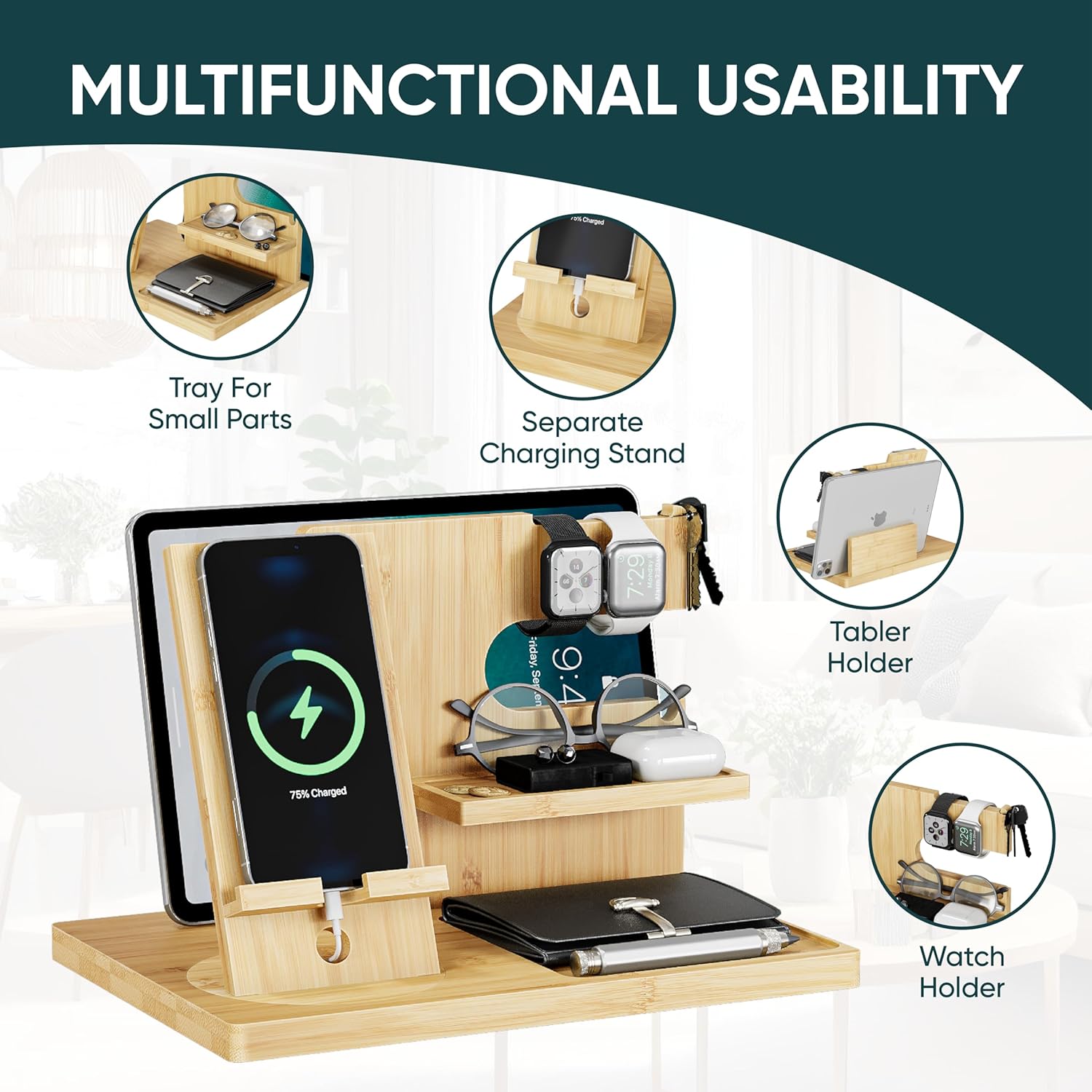 Semiocthome Wood Phone Docking Station with Separate Phone Stand, Bedside Organiser Desk Organiser Presents for Him or Her Anniversary, Birthday Presents for Men Dad Husband Boyfriend Son - Beige