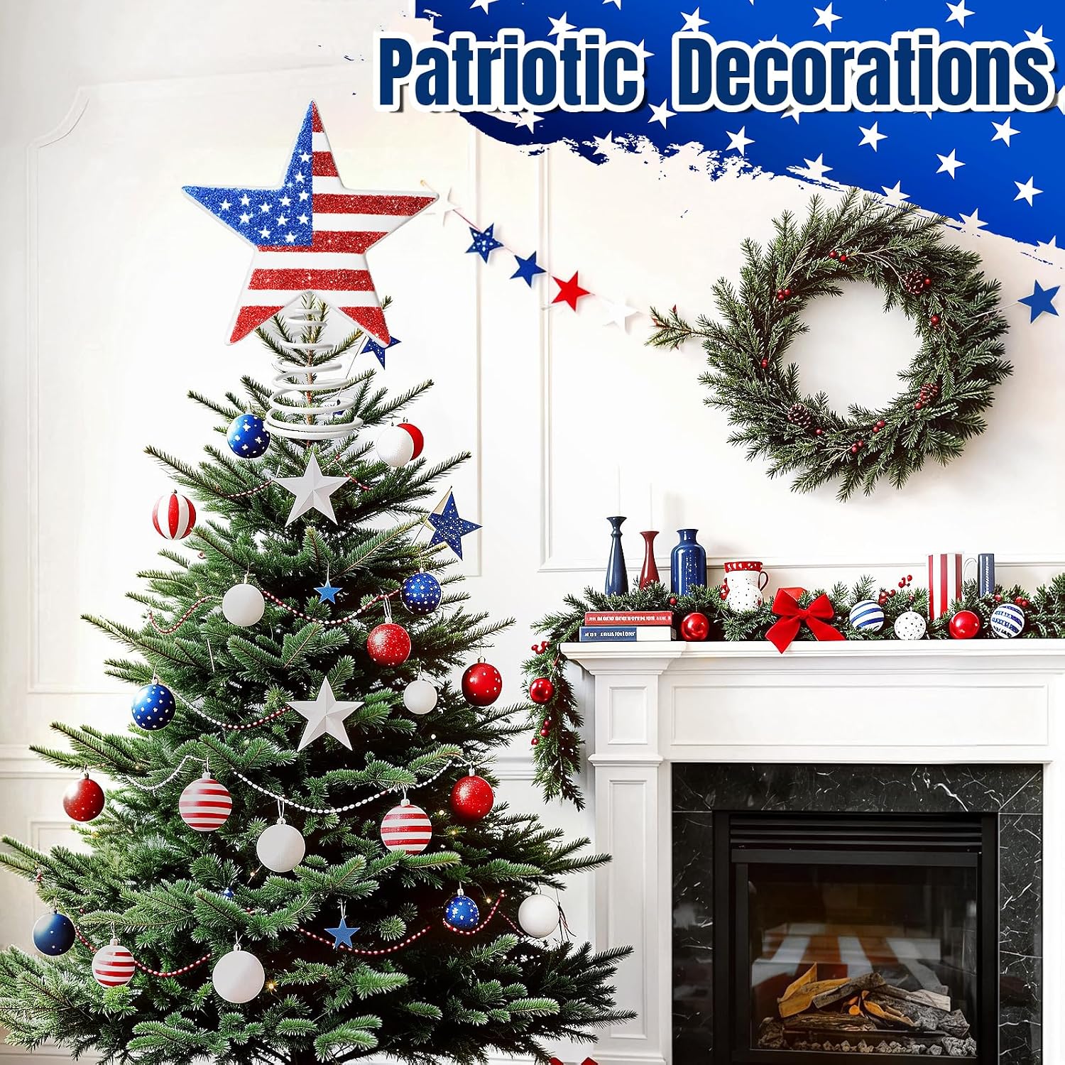 Patriotic Decorations, 4th of July Christmas Tree Toppers, Flag Star Tree Ornaments, Independence Day Tree Decoration, Red White Blue Patriotic Stars Tree Decor for Memorial Day & Memorial Day Party