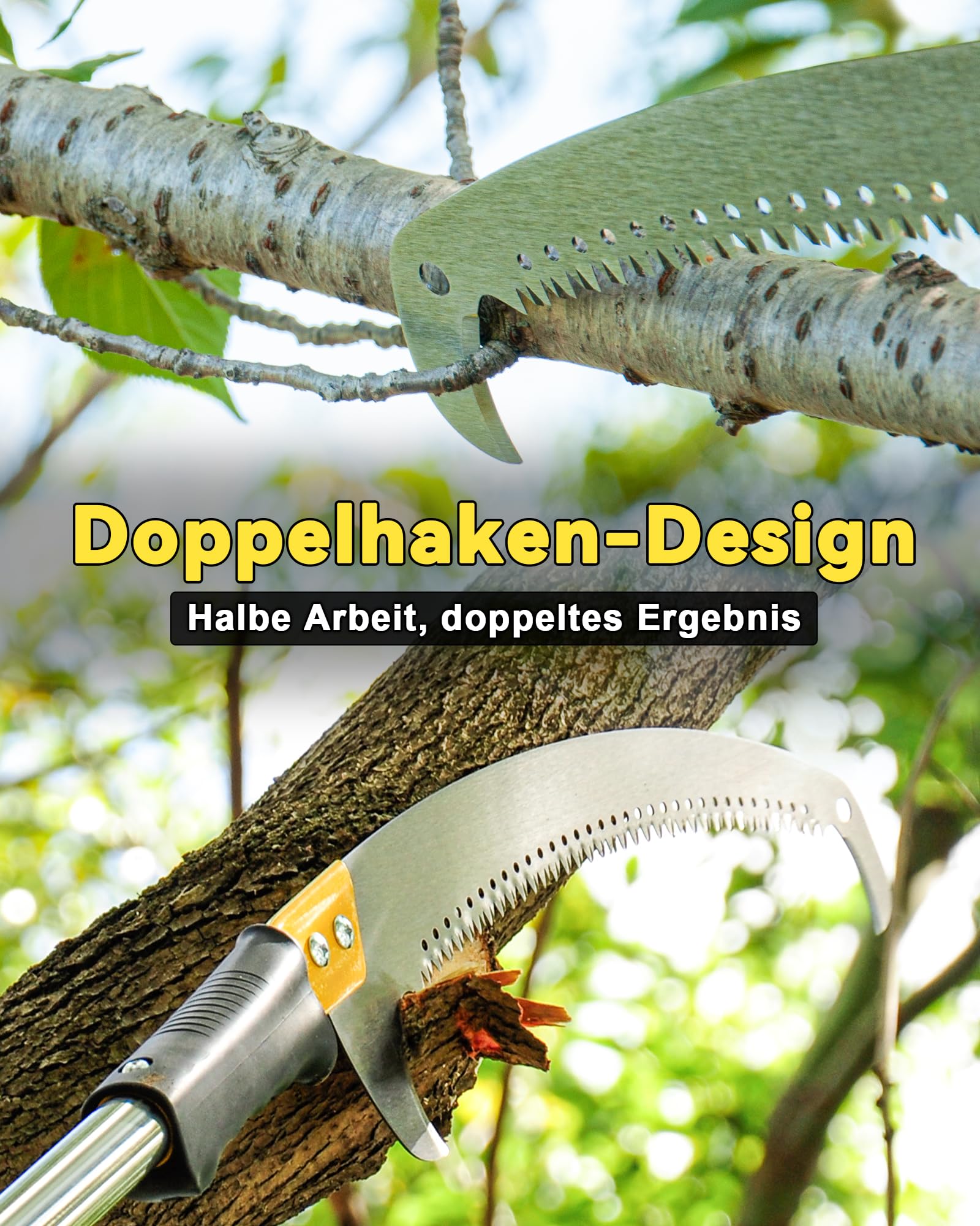 Astsägen mit Stiel zum Baumschnitt 4,3M Leichtgewichtige manuelle Edelstahlverlängerung, hohe Baumsäge mit Klinge für Trimmer, Äste, Baumschneider bei Forstwirtschaft, Hof, Garten und
