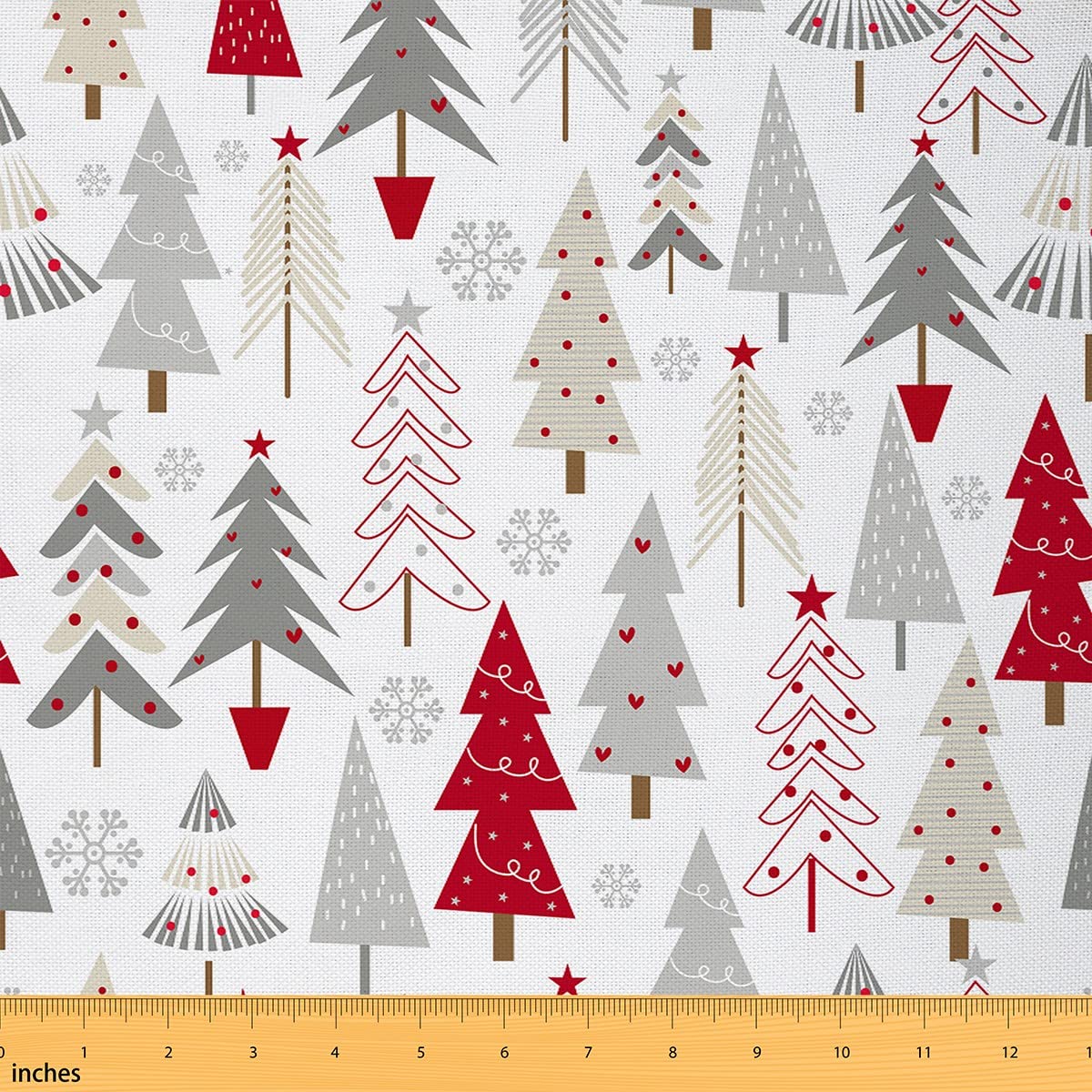 Christmas Tree Fabric for Decoration by The Yard,Red Grey Geometric Pattern Outdoor Fabric for DIY Projects,New Year Snow Flake Room Decor and Upholstery,2Yards