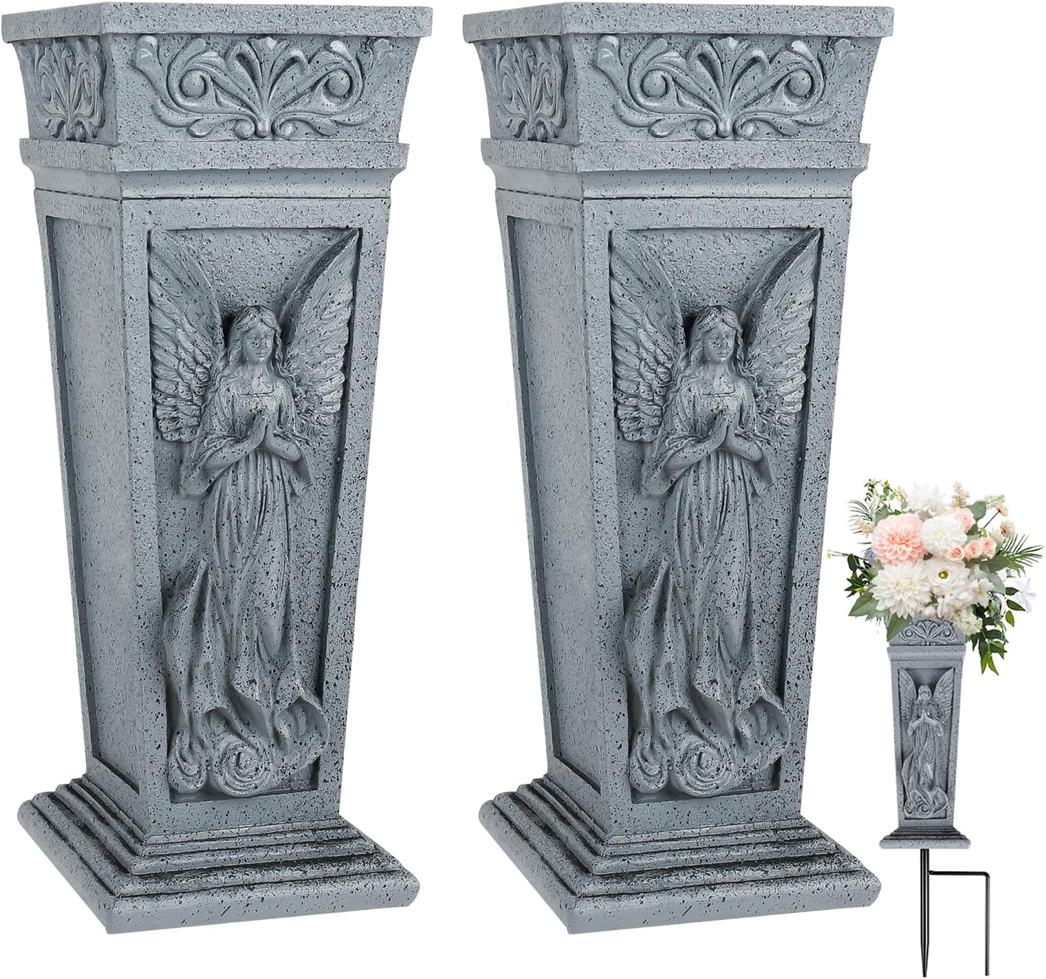 Cemetery Vases for Grave with Metal Spike, Angel Memorial Cemetery Flower Holder with Drainage Hole, Cemetery Decorations for Grave, Cemetery, Garden, Lawn (2-Pack)