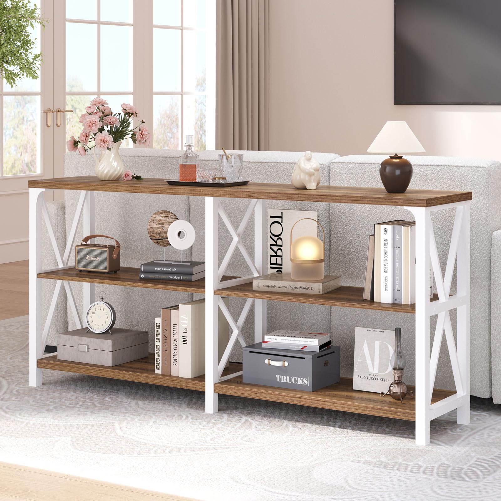 LVB Industrial Entryway Table, Farmhouse Rustic Console Table Behind Couch, Long Metal Sofa Table with Storage Shelf, Modern Hallway Table for Living