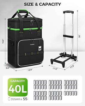 Ytonet 2-in-1 Rolling Cooler with Wheels, 55 Cans/40L Large Insulated Cooler on Wheels with Detachable Top Bag, Leakproof Soft Sided Cooler Bag for Beach, Picnic, Camping, Travel and Grocery,Black