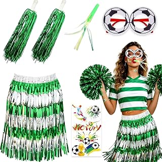 2026 World Soccer Cup Cheering Props Kit,Soccer Party Supplies with Football Glasses, Pom Poms, Grass Skirt, Whistle, Temporary Tattoos, Cheerleader Costume Accessories for Women Fans Eyeglasses Set