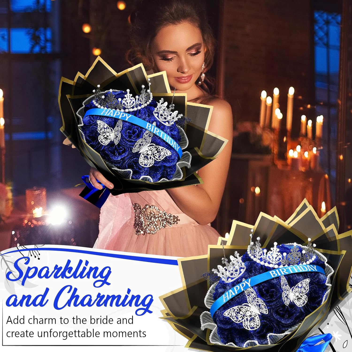 Glitter Roses Bouquet Gifts Artificial Rose DIY Flower Bouquet Kit Birthday Gifts Flower Wrapping Paper 3D Butterflies Crowns for Mother Anniversary Graduation(Royal Blue,36 Pcs)