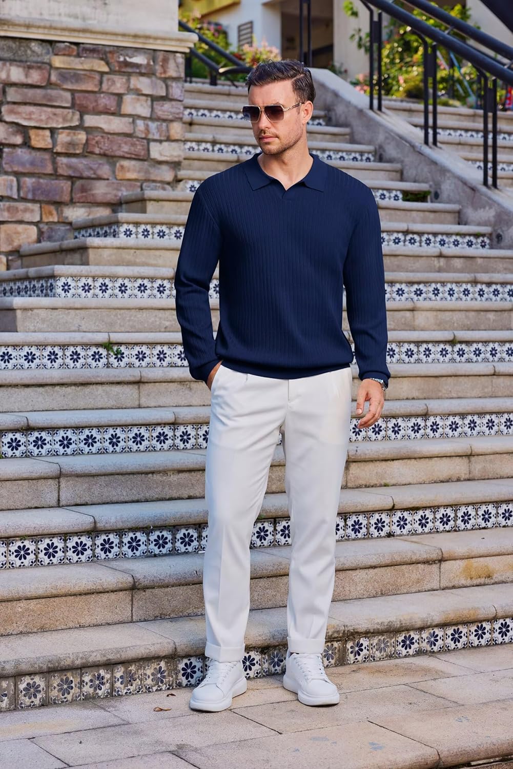 Mens Long Sleeve Knit Polo Shirt Lightweight Ribbed Polos Sweater Fall Winter Thermal Pullover Shirts with Collar - Image 2