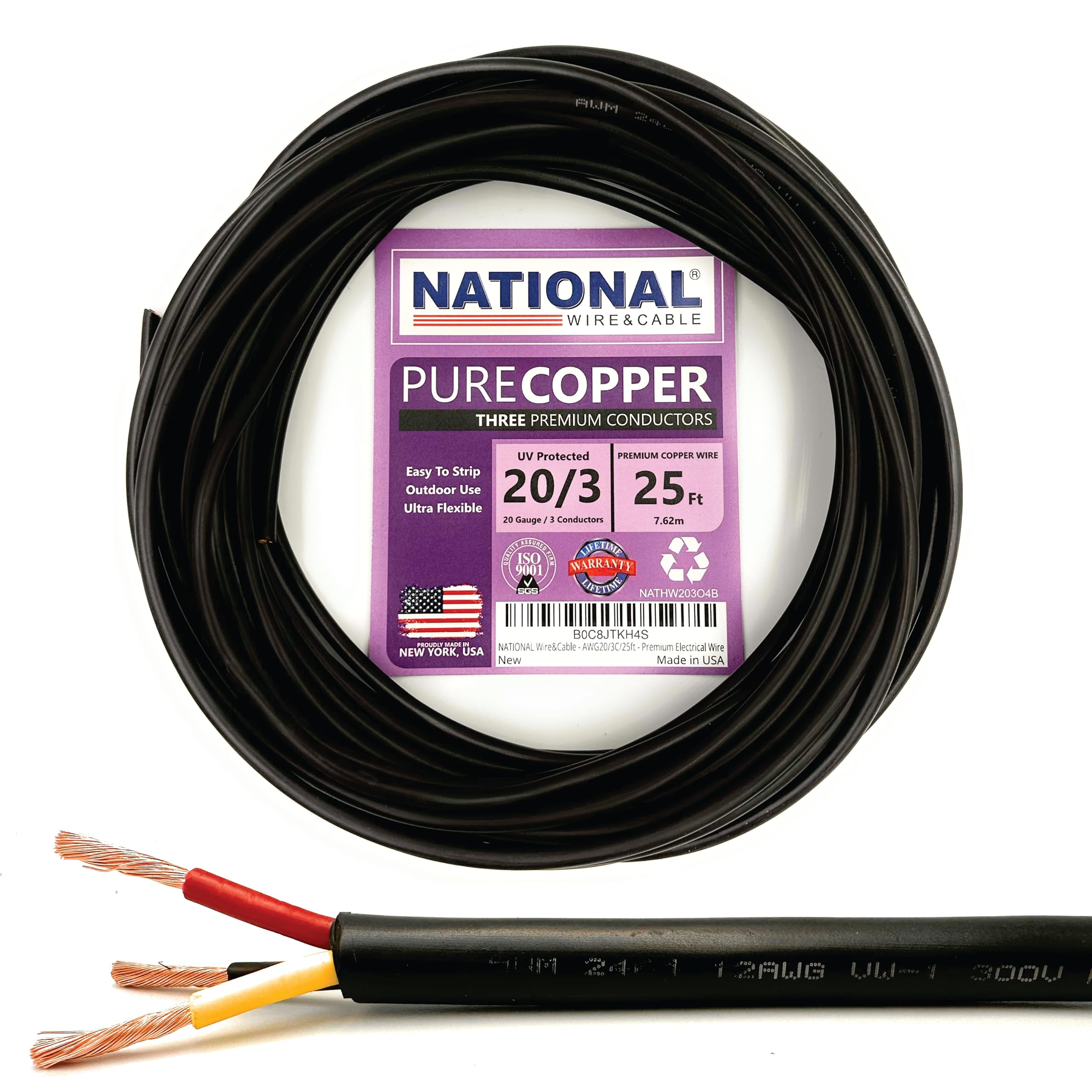 NATIONAL Wire & Cable – 20 AWG 3-Conductor Premium Copper Wire, 25 ft, Stranded | Made in USA, Flexible Jacket | Electronics, Controls, DIY Wiring,