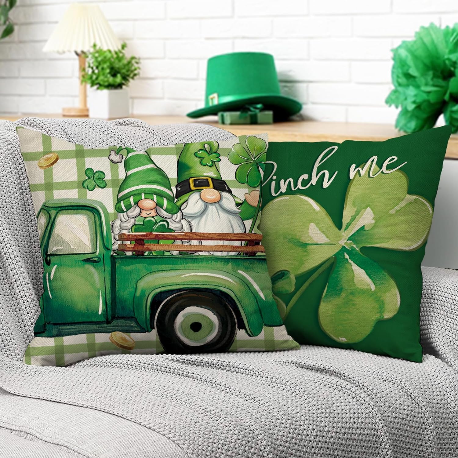 St Patricks Day Decorative Throw Pillow Covers 18 x 18 Set of 4, Good Luck Top Hat Shamrock Clover Porch Outdoor Home Decor, Irish Spring Truck Gnome Mason Jar Plaid Sofa Couch Cushion Case - Image 5
