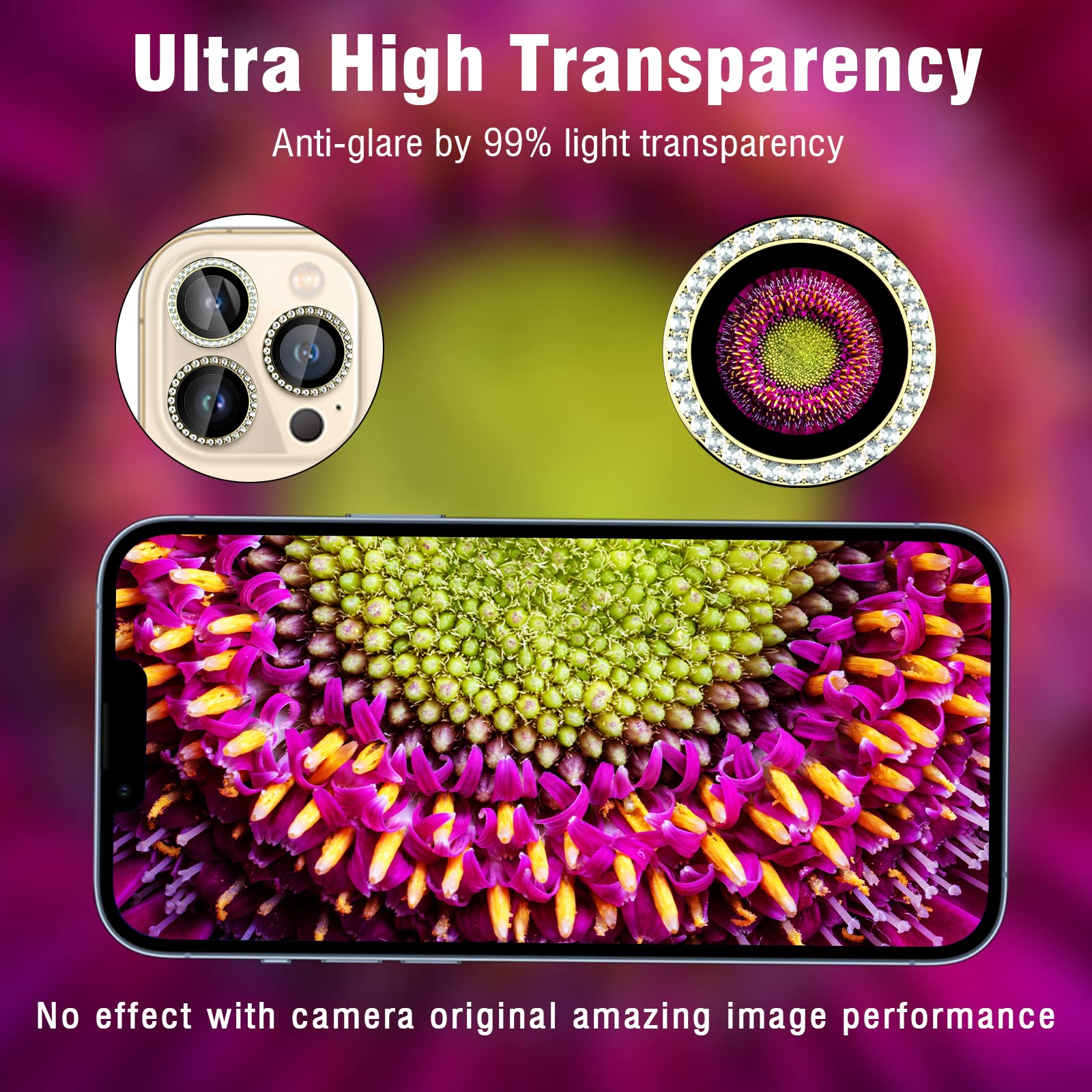 Bling diamentowa osłona obiektywu aparatu do iPhone 13 Pro/iPhone 13 Pro Max, HD przezroczyste szkło hartowane osłona obiektywu, przyjazna dla obudowy, odporna na zarysowania