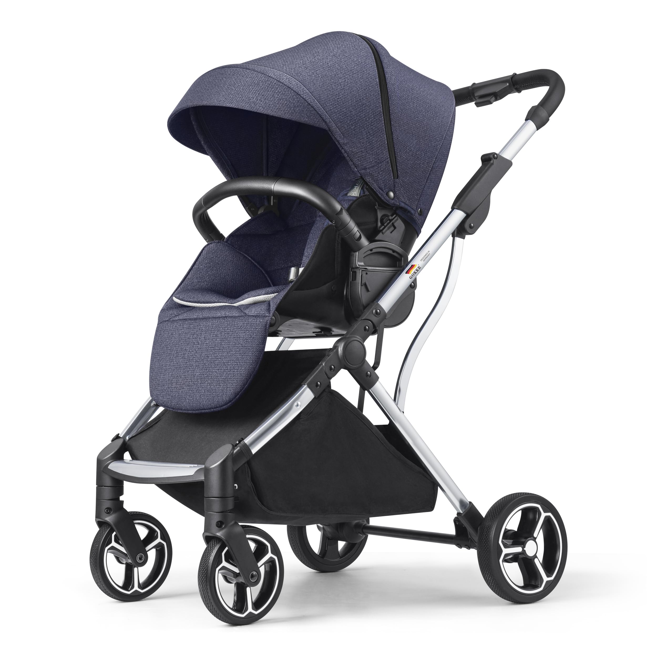 Gokke Reversible Baby Stoller with Canopy - Compact Fold, Stroller for Travelling, Reclining, 5 Point Safety Harness, StorBasket, Shoulder Strap - 0-36 Months, Holds upto22kg, Navy Blue (B08NB)