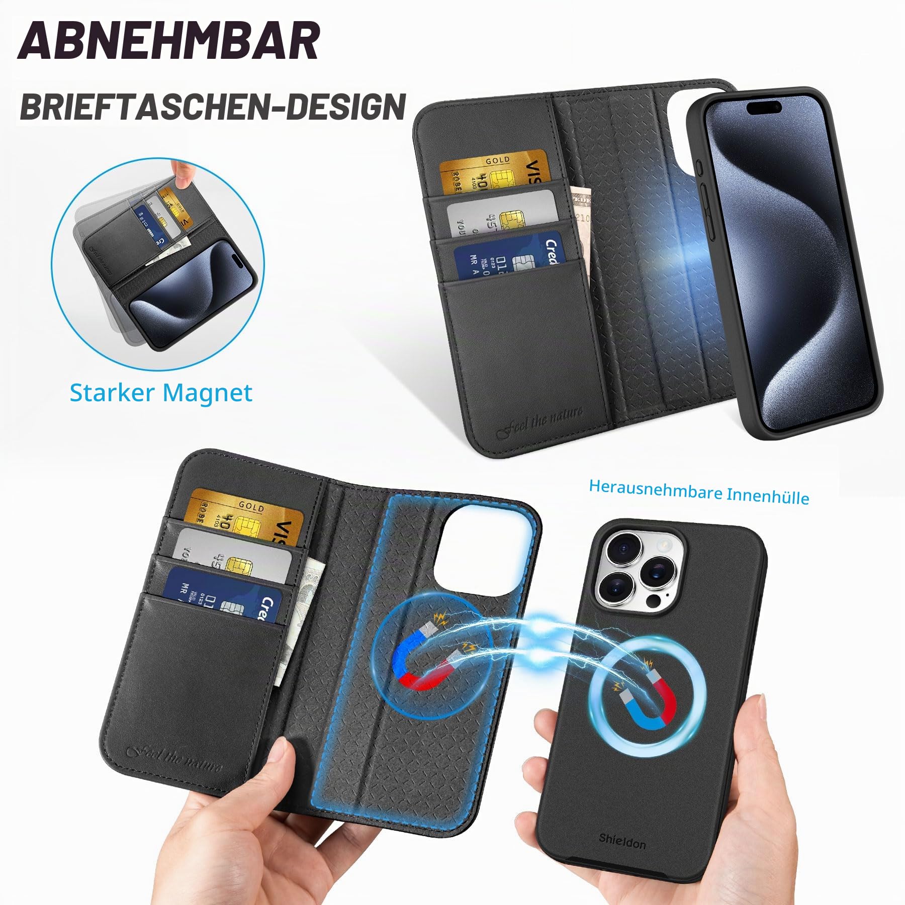 SHIELDON Rindsleder Hülle für iPhone 15 Pro 6,1" 2023 5G, Schwarz