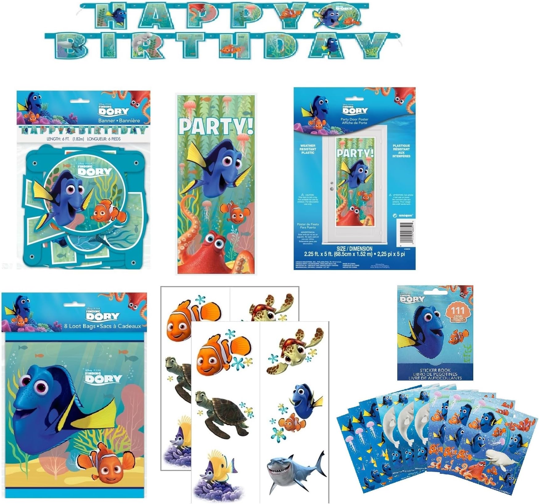 Finding Dory Nemo Birthday Party Supplies Decoration Favors Bundle includes Happy Birthday Banner, Door Poster, Loot Bags, Stickers, Tattoos