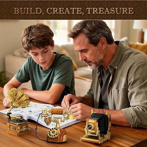 Miniatura 8 de Juego de bloques de construcción 3 en 1, juguete de construcción retro para tocadiscos con cámara, 1438 piezas, kit de modelo coleccionable vintage