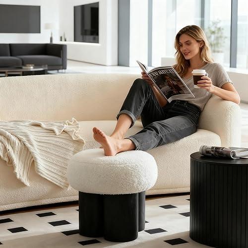 Miniatura 12 de MEETAKING Taburete pequeño y redondo para pies, reposapiés otomano Teddy de peluche de 16.54 pulgadas con patas antideslizantes, reposapiés de Gris
