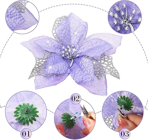 Vista 118 de Boao 24 Pieces Christmas Artificial Glitter Poinsettia Flowers Xmas Flowers Wedding Christmas Tree New Year Ornaments(Green)