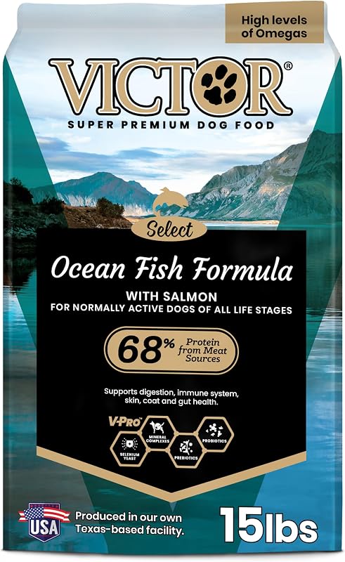 VICTOR Select Dry Dog Food - Ocean Fish Formula with Salmon Kibble, 15 lb | Super Premium Dog Food, Omega-3 & Omega-6 Enriched, Gluten-Free, For All Normally Active Dogs of All Life Stages, 15lbs