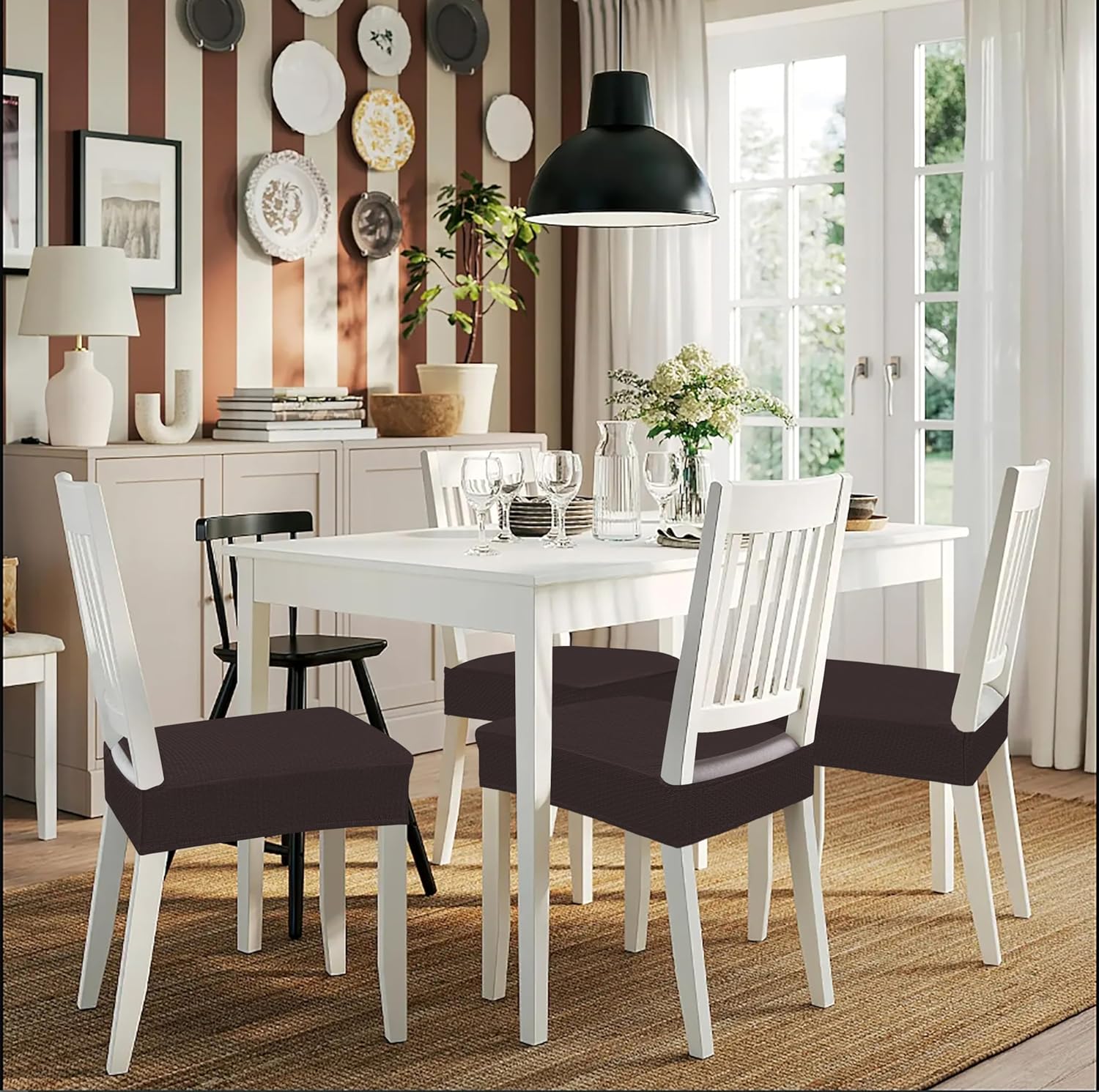 Smiry Stretch Jacquard Seat Covers for Dining Room Chairs Set of 4, Removable Washable Chair Seat Protector Slipcovers, No Rear Covers, Brown