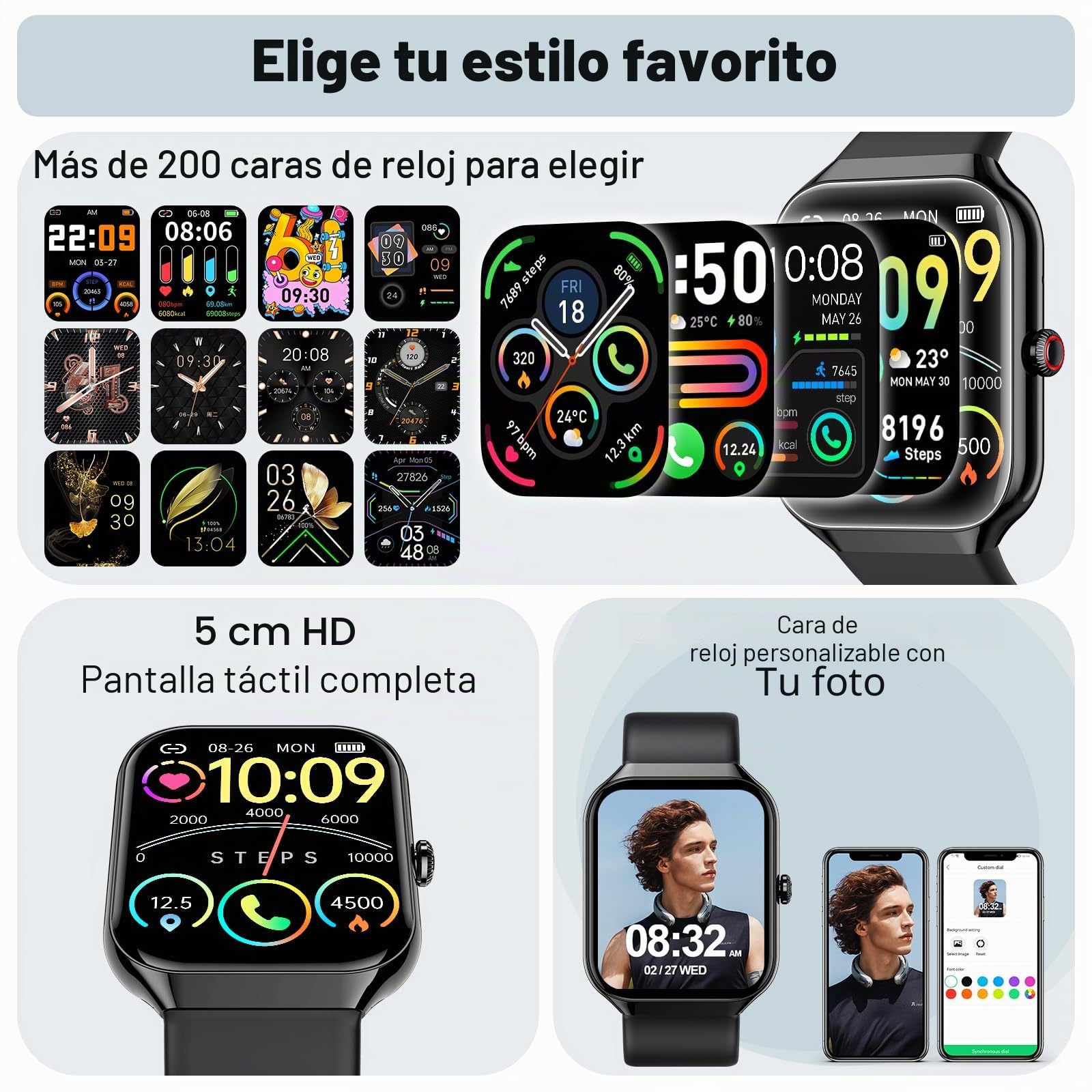 Reloj Inteligente Hombre Mujer, 1,96" Smartwatch Llamadas Bluetooth, Podómetro/Pulsómetro/Monitor de Sueño/SpO2, Impermeable IP68, Reloj Deportivo 112+ Modos Deportivos, Smart Watch para Android iOS