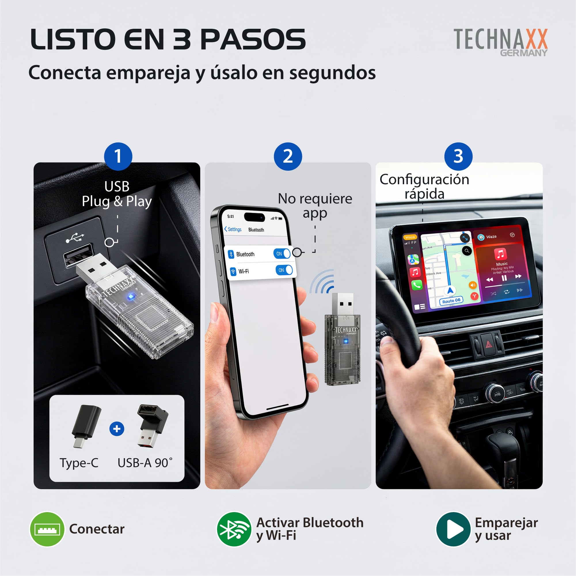Technaxx Adaptador CarPlay Inalámbrico & Android Auto Inalámbrico – Conversión de Cableado a Inalámbrico, WiFi 2,4/5GHz & Bluetooth 4.2, Plug & Play con Adaptador USB-C y 90° – TX-346