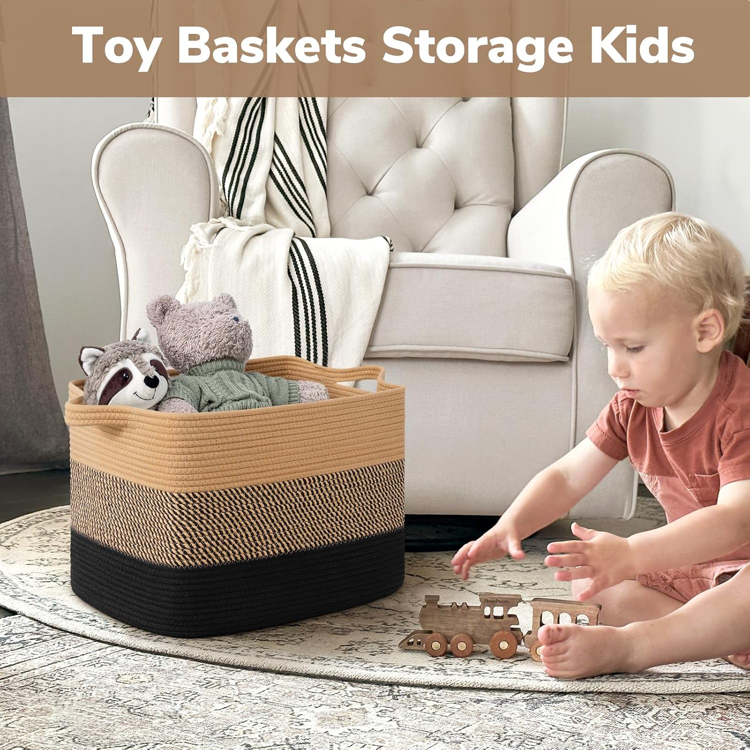  50L Large Woven Storage Basket, 18" x 14" x 12", Black & Jute thumbnail