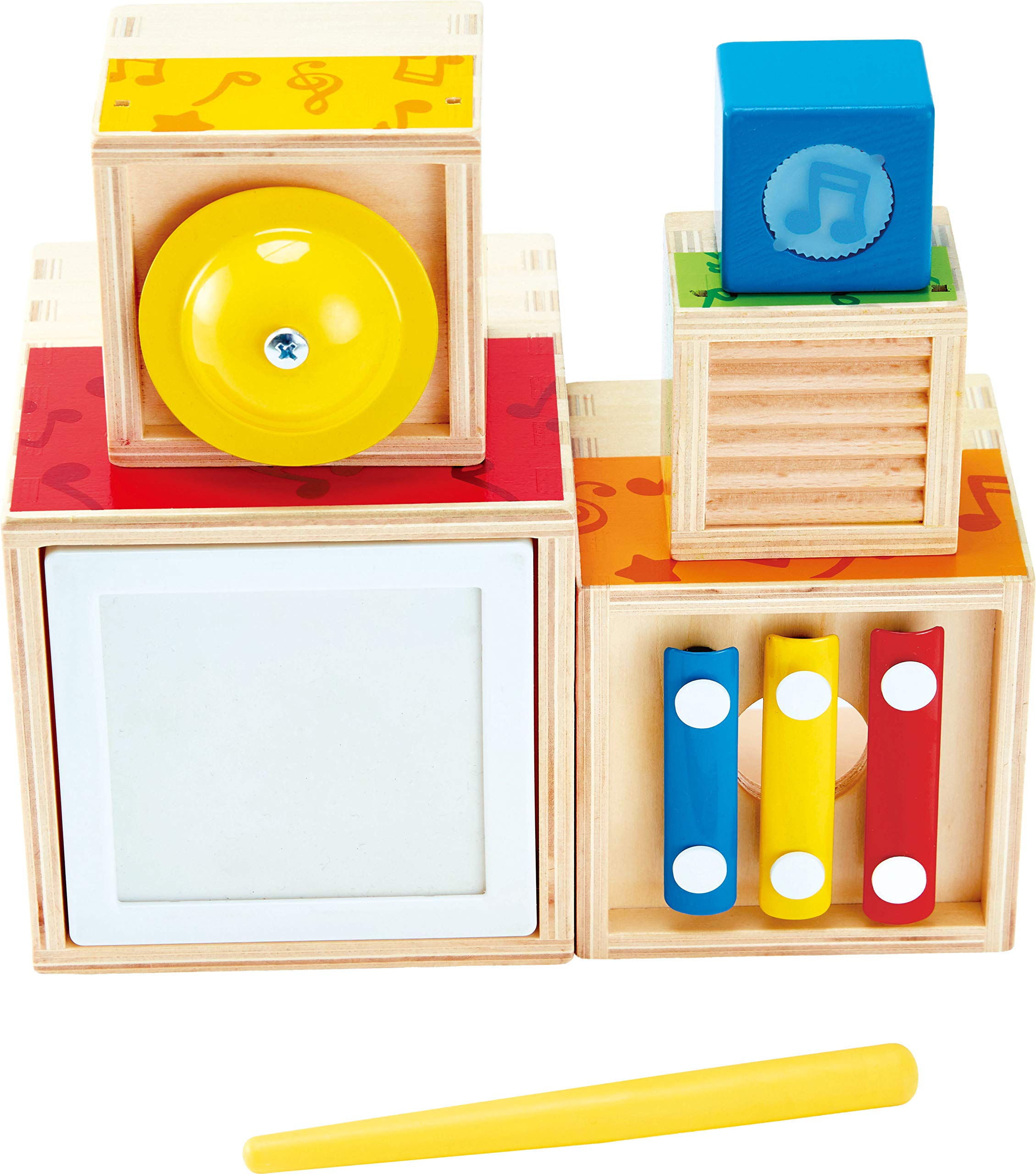 Hape Cubo con Animaletti Gioco, Multicolore, E1810 & Wooden Musical Instrument Stacking Set Impilare, Multicolore, E0336