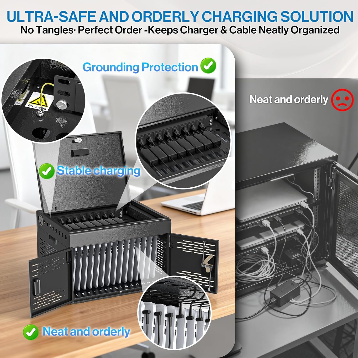 POCHAR 16-Device Charging Cabinet for Laptops & Tablets - Laptop Lock Box for Chromebook, iPad - Locking Laptop Charging Station for Classroom Office Library -Tablet Storage Box with Cable Management