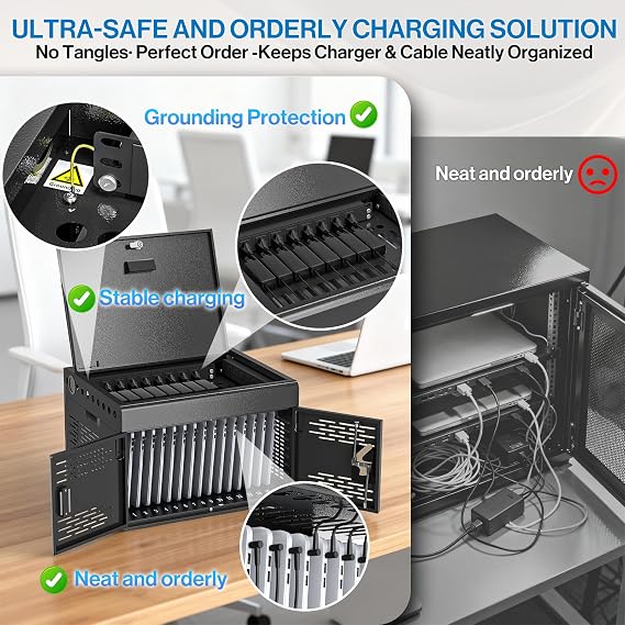 POCHAR 16-Device Locking Steel Charging Station, iPad Chromebook Laptop | Wall-Mount Locking Charging Station, Cable Management & Surge Protection. Fits Classroom, Office, Library, Assembly Required.