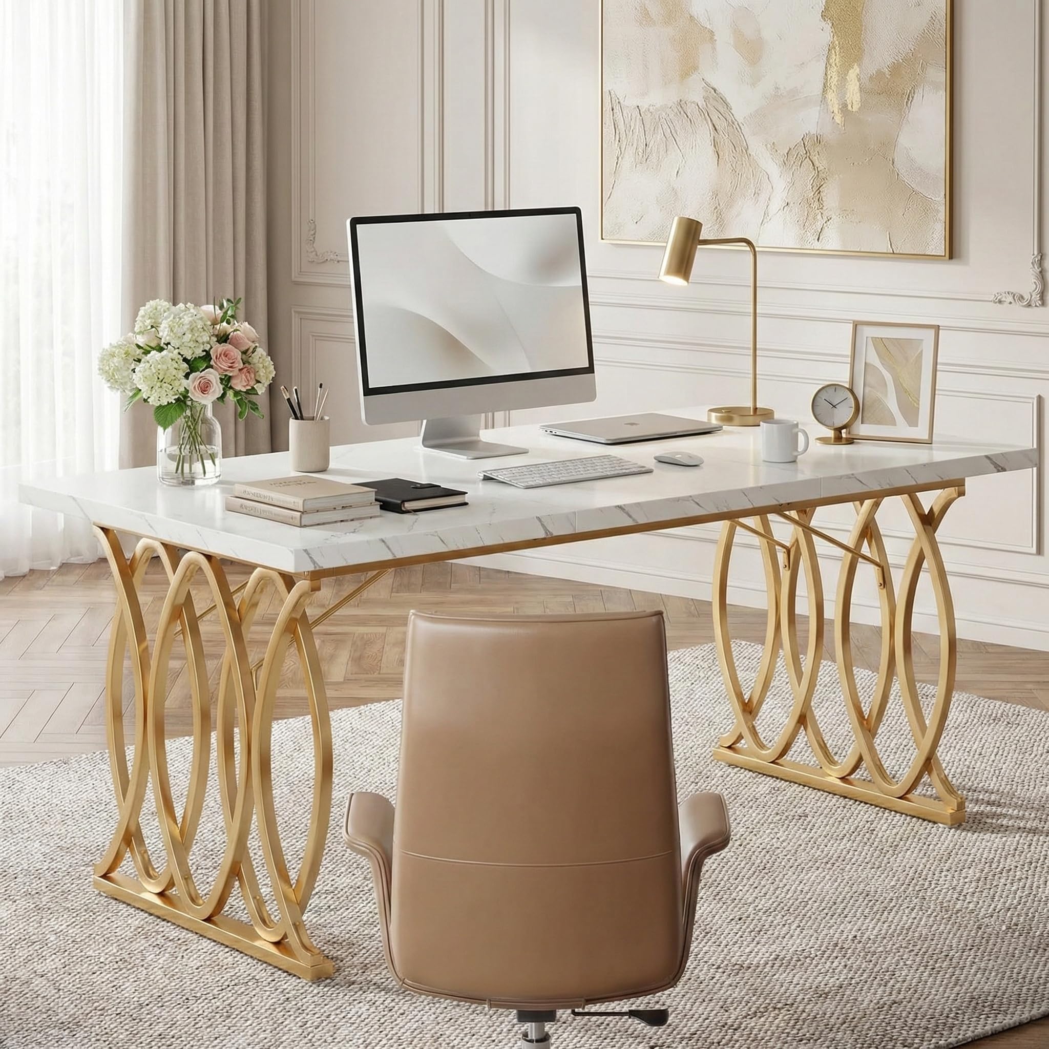 Lailang 160cm Scrivania Per Pc E Stampante, Tavolo Ufficio Riunioni, Mobili Ufficio Moderni, Scrivania Gaming Bianca, Arredamento Casa, Tavolo Legno, 160 x 80 x 75 cm, Oro