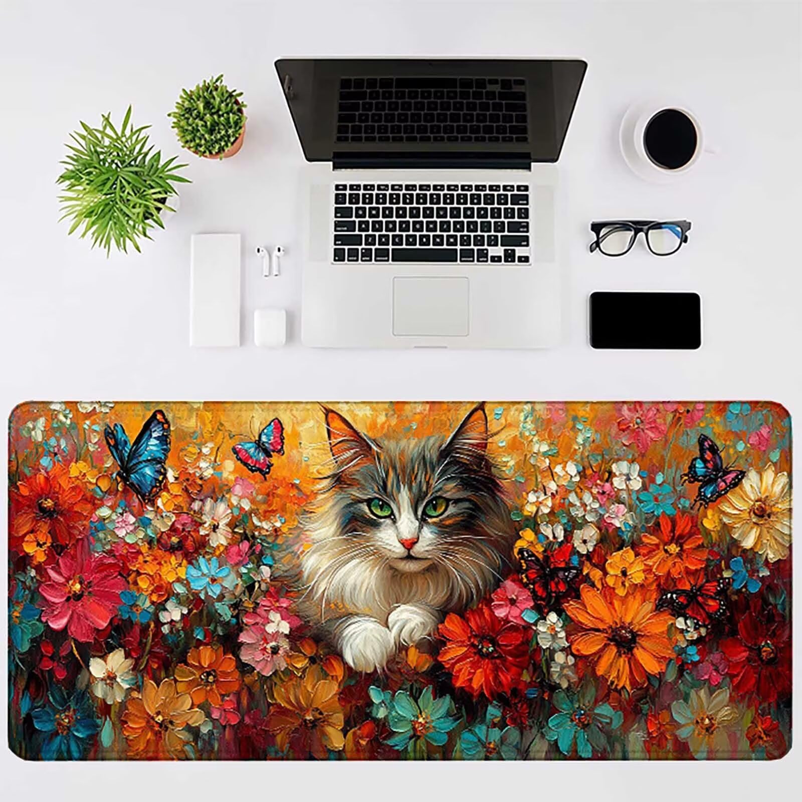 Podkładka pod mysz z kwiatami XXL 1200 x 600 mm, wodoodporna podkładka pod mysz z motywem kota szyte krawędzie design akcesoria biurowe antypoślizgowa gumowa podstawa powierzchnia dla graczy, biurko