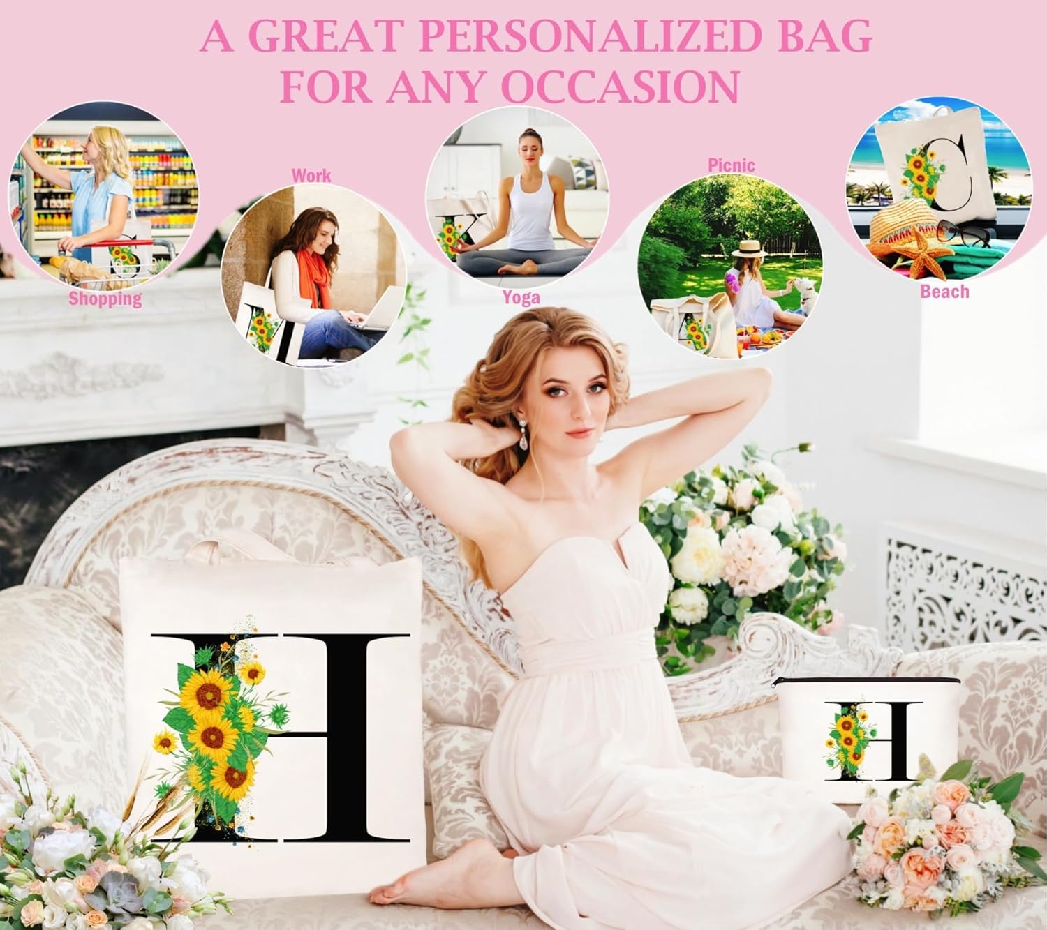 Andeiltech Initial Canvas Tote Bag Sunflower Letter Personalized Makeup Bag Monogrammed Gift for Bridesmaids Birthday Wedding - Image 5