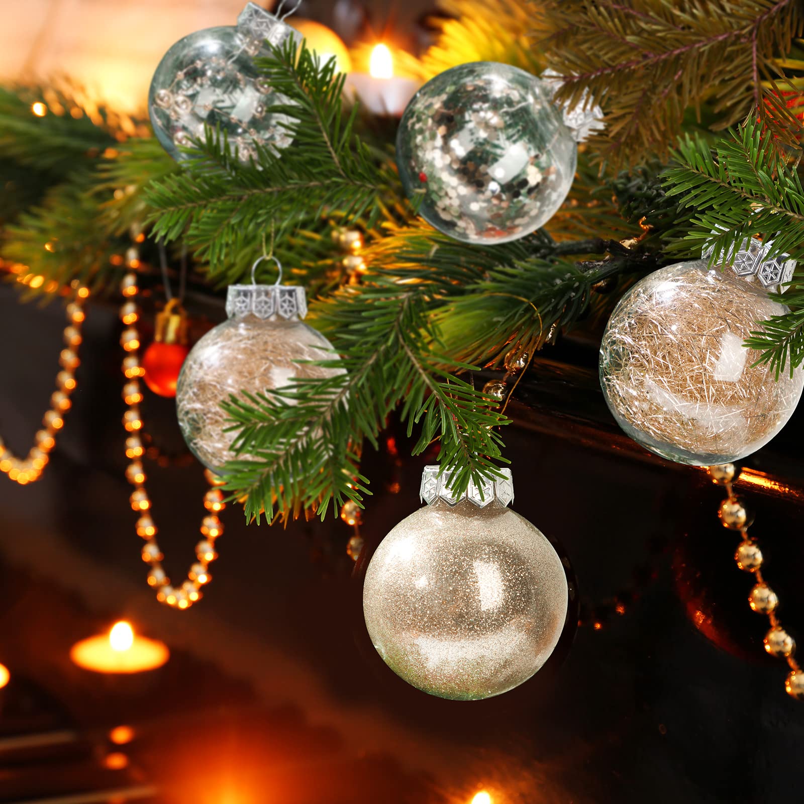Lot de 24 boules de Noël en plastique incassable avec une étoile de sapin de Noël pour Noël, Nouvel An, mariage, maison, vacances, décoration de fête (champagne doré)