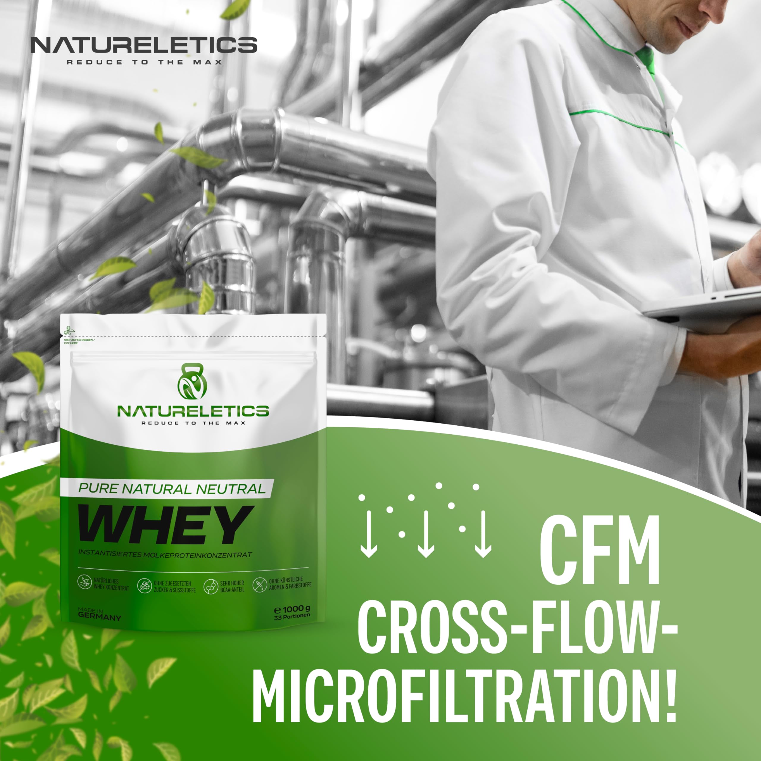 NATURELETICS NEUTRAL Whey Protein Ungesüßt ohne Süßstoffe und Zuckerzusatz Natürliches Premium Eiweißpulver, 1kg ohne Aspartam & Sucralose, Low Carb, Hoher BCAA-Anteil, Made in Germany