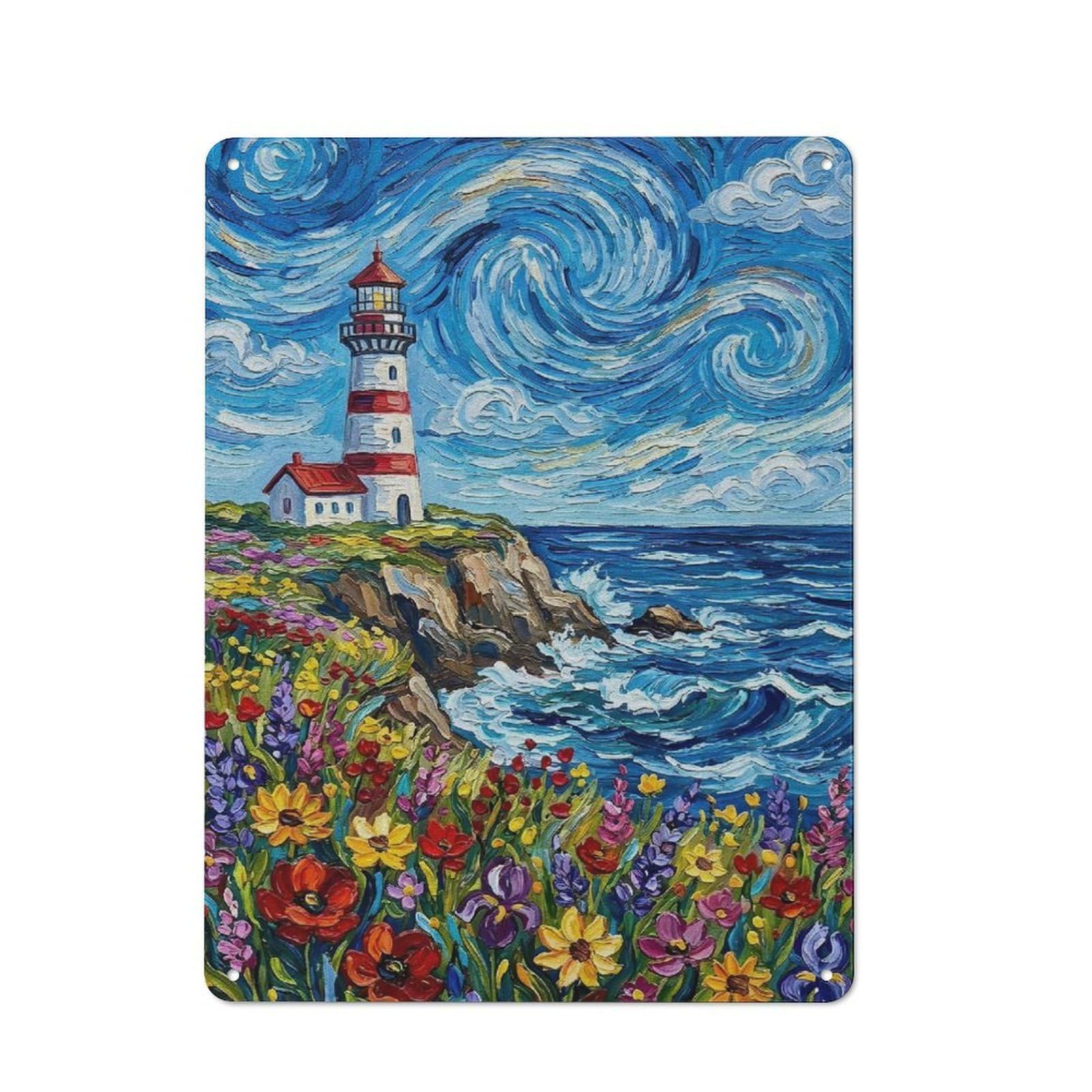 Junmoney Style-4 Lighthouse On A Cliff With Wildflowers Outdoor Room Metal Wall Decor 40X30cm, Rustic Tin Sign For Shed, Garden Room, Porch Or Garage