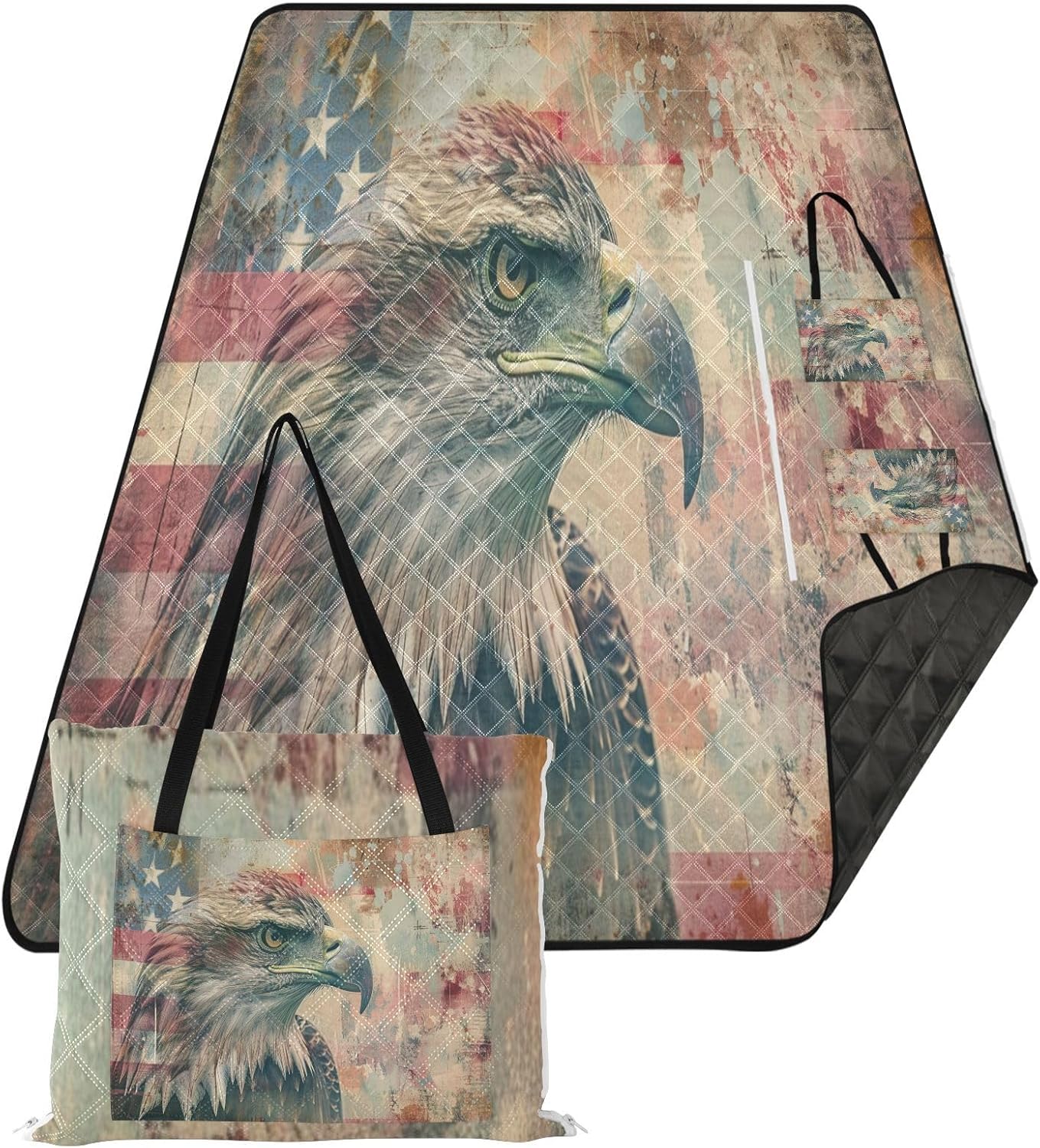 Retro Eagle Flag Picnic Blankets Foldable Outdoor Camping Blanket Waterproof Sandproof for Summer Beach, Park, Grass-80 * 118in