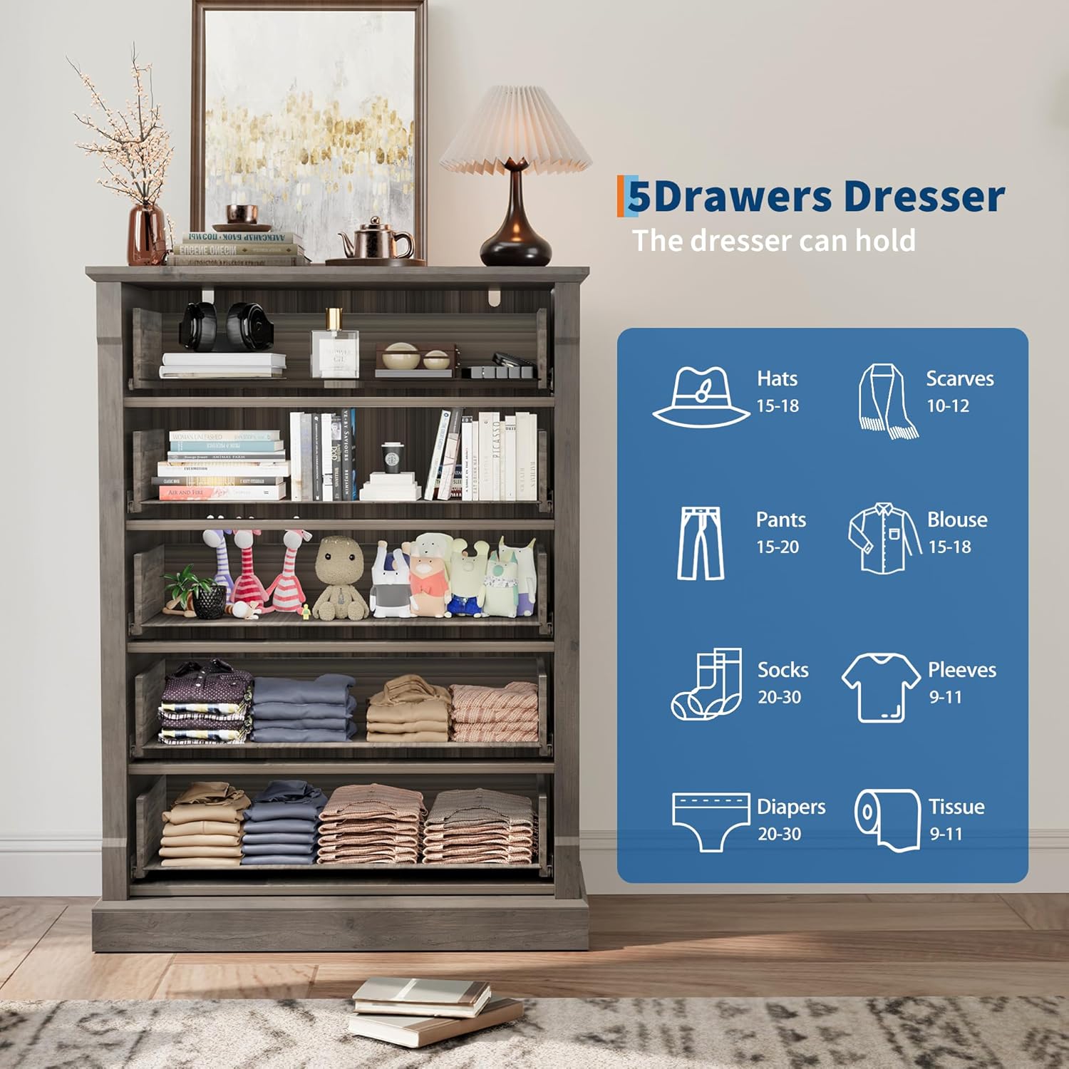 IDEALHOUSE Grey 5 Drawer Dresser for Bedroom, Farmhouse Tall Chest of Drawers with Metal Handles, Rustic Wooden Dresser for Living Room, Hallway