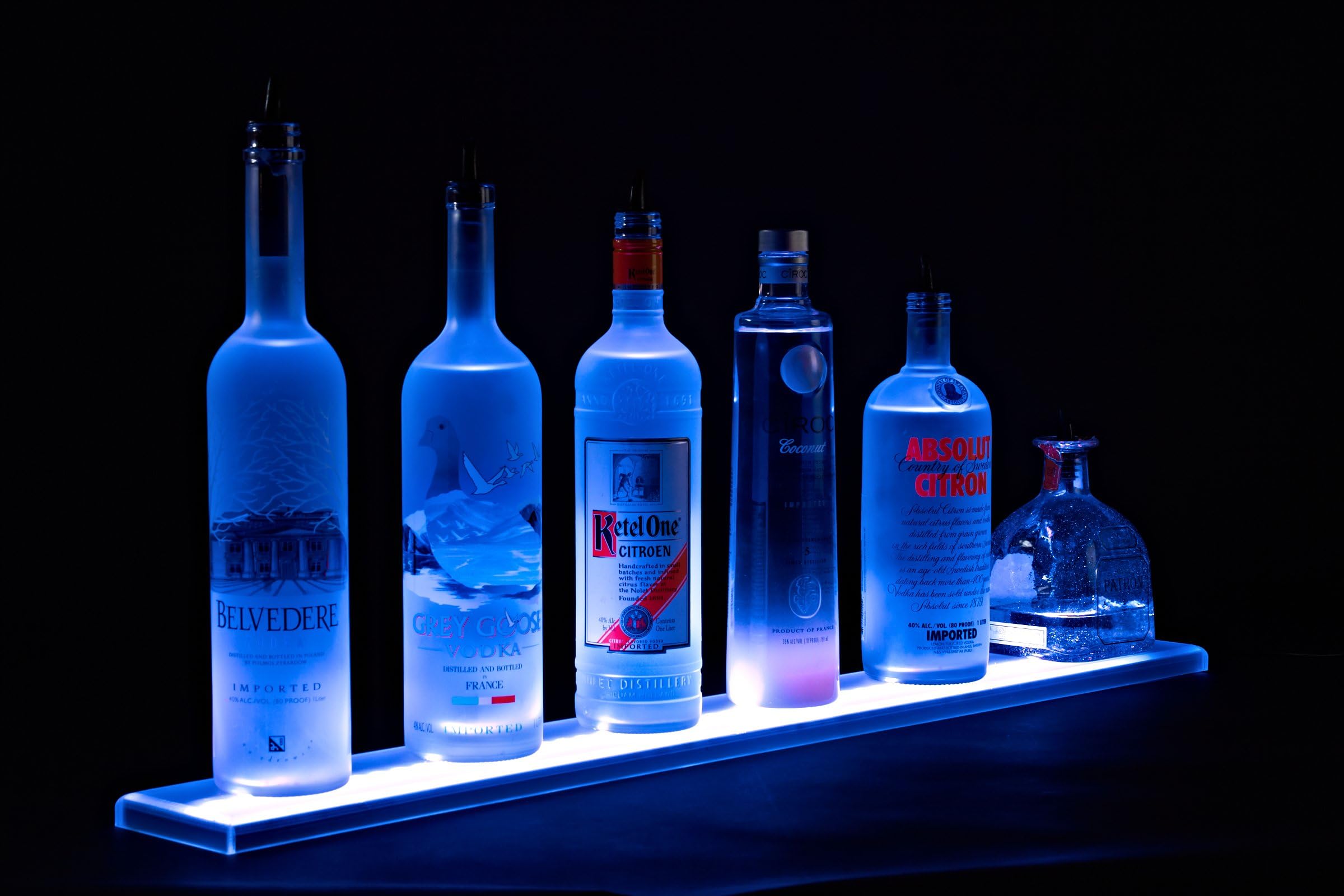 2' LED Liquor Bottle Shelf (24" W x 4.5" Deep x .75" Thick), Made in The USA, LED Illuminated Bottle Shelf Display- Includes Wireless Remote Control and UL Listed Power Supply